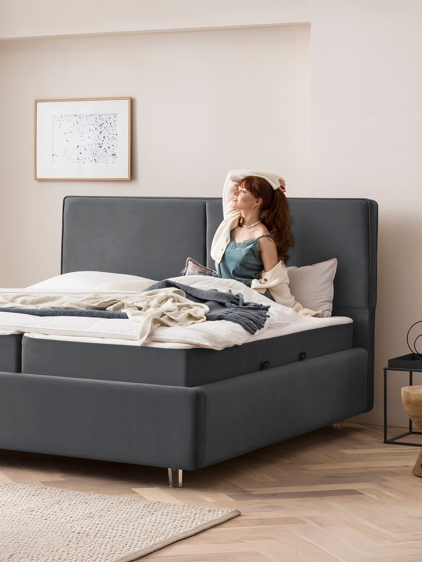Velours Bett mit Stauraum Dunkelgrau BARI BettCo Boxspringbetten