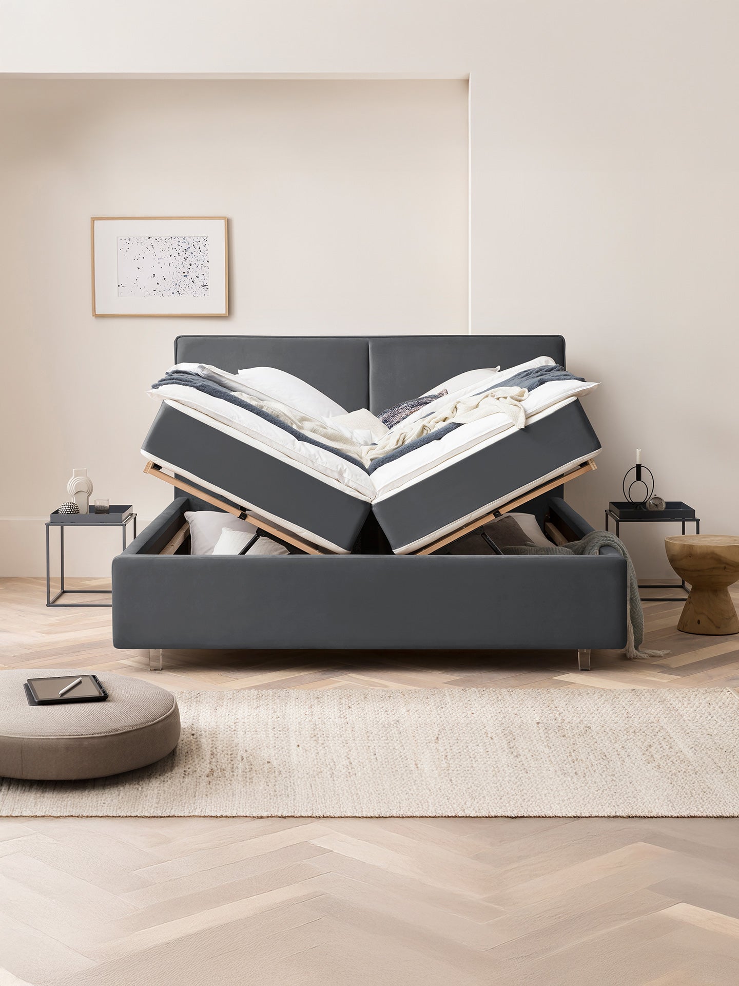 Velours Bett mit Stauraum Dunkelgrau BARI BettCo Boxspringbetten