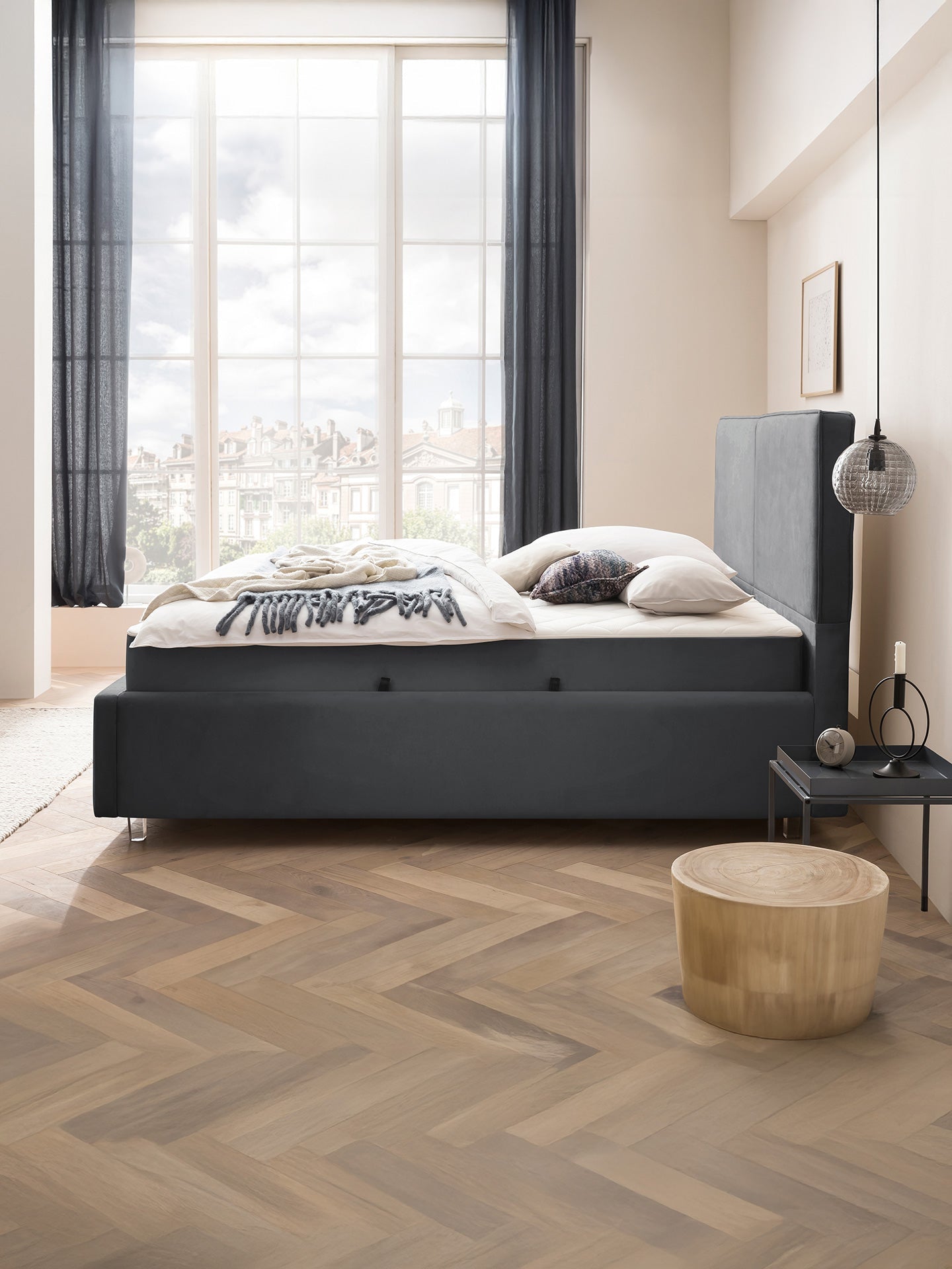 Velours Bett mit Stauraum Dunkelgrau BARI BettCo Boxspringbetten