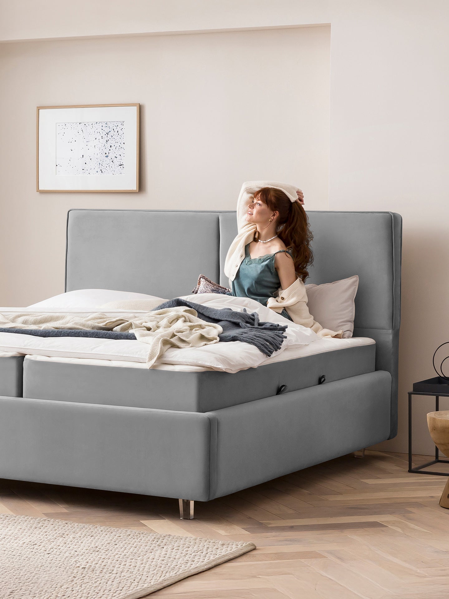 Velours Bett mit Stauraum Grau BARI BettCo Boxspringbetten