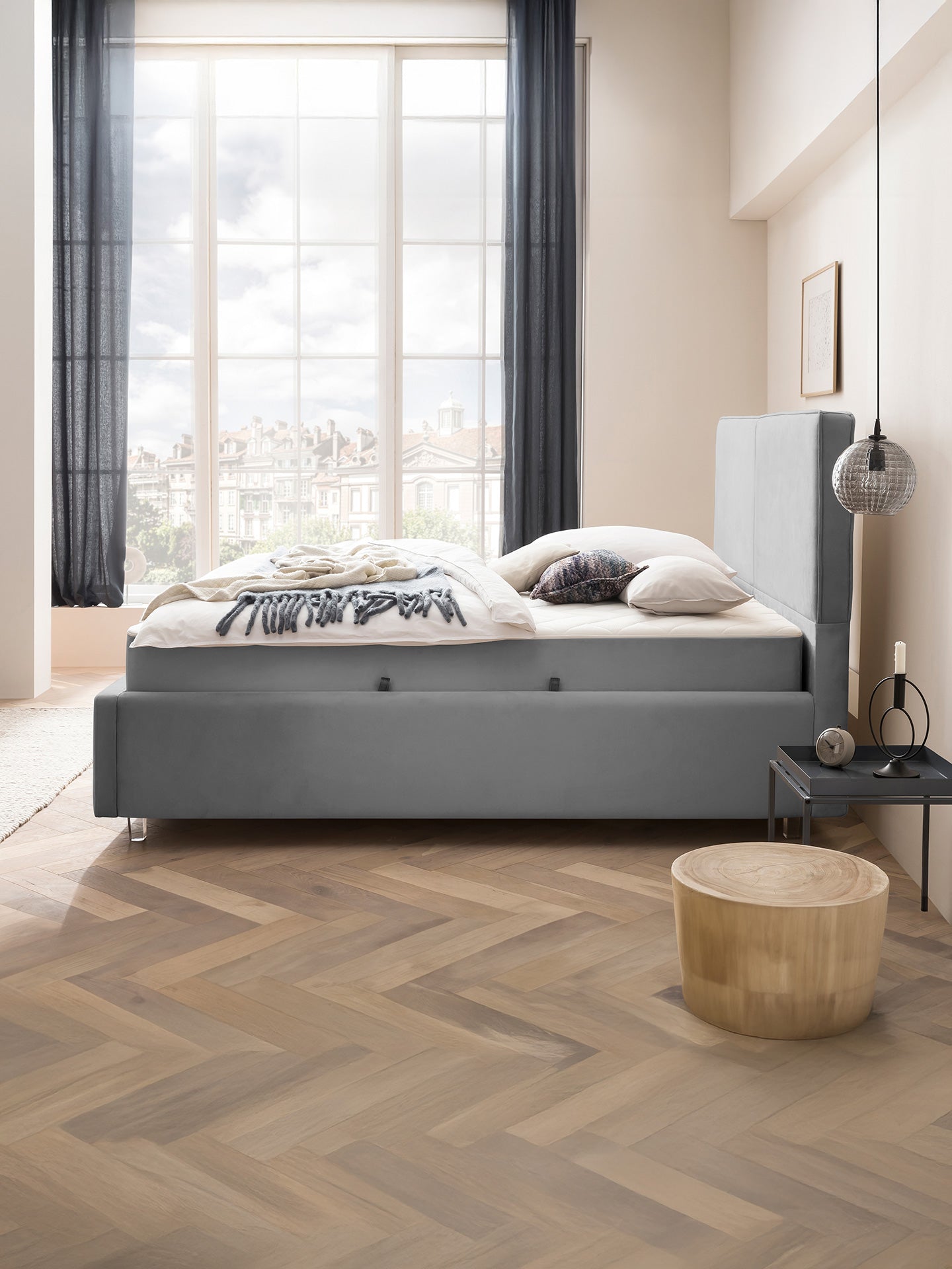 Velours Bett mit Stauraum Grau BARI BettCo Boxspringbetten