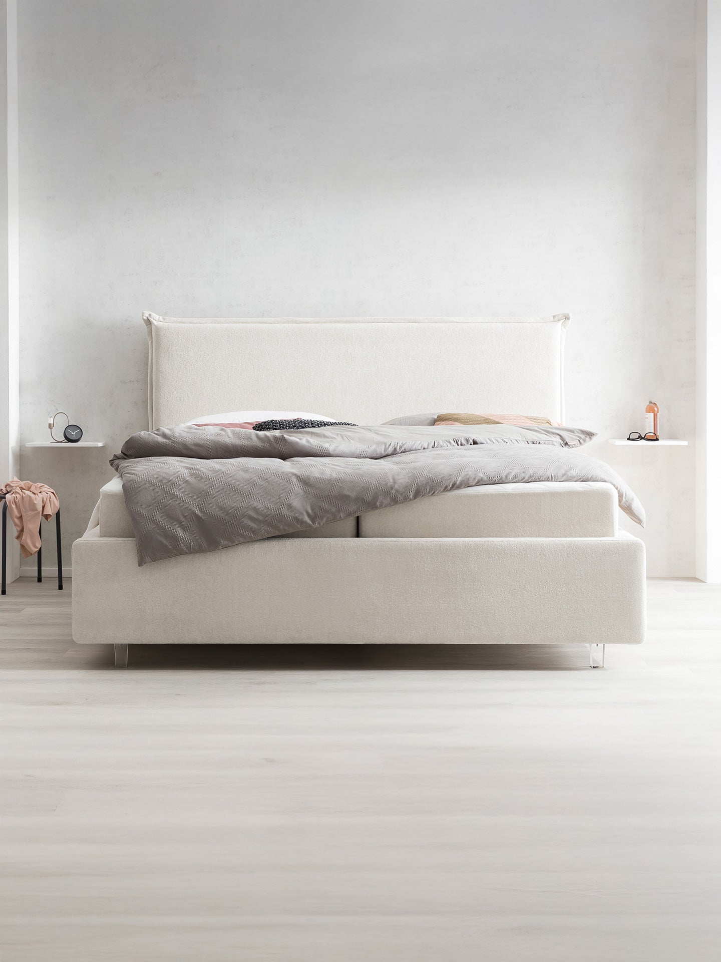 Teddy-Bouclé Bett mit Stauraum Altweiß London