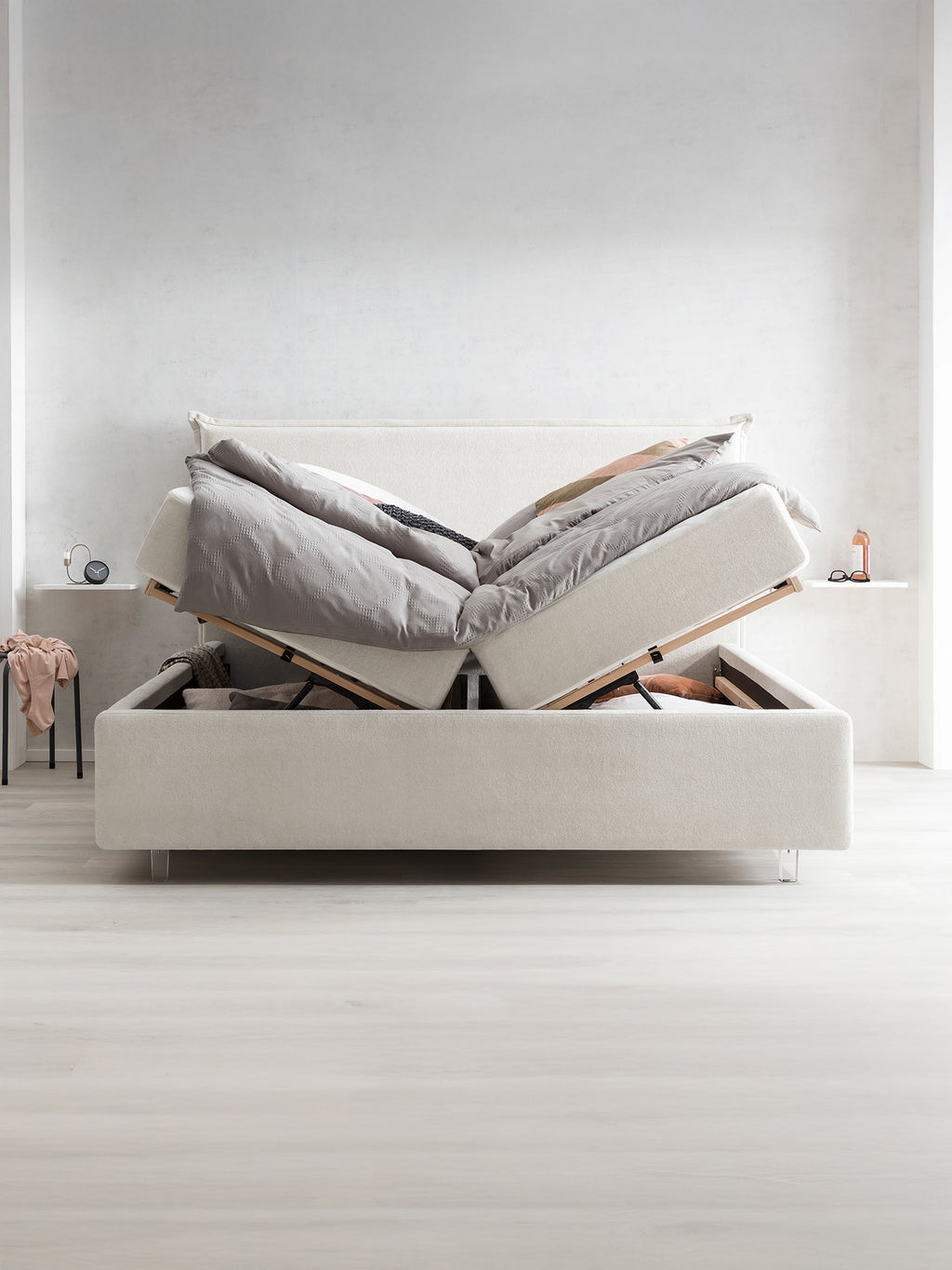 Teddy-Bouclé Bett mit Stauraum Altweiß London