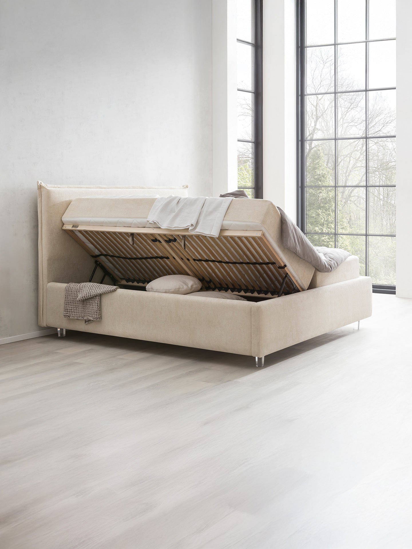 Teddy-Bouclé Bett mit Stauraum Creme London