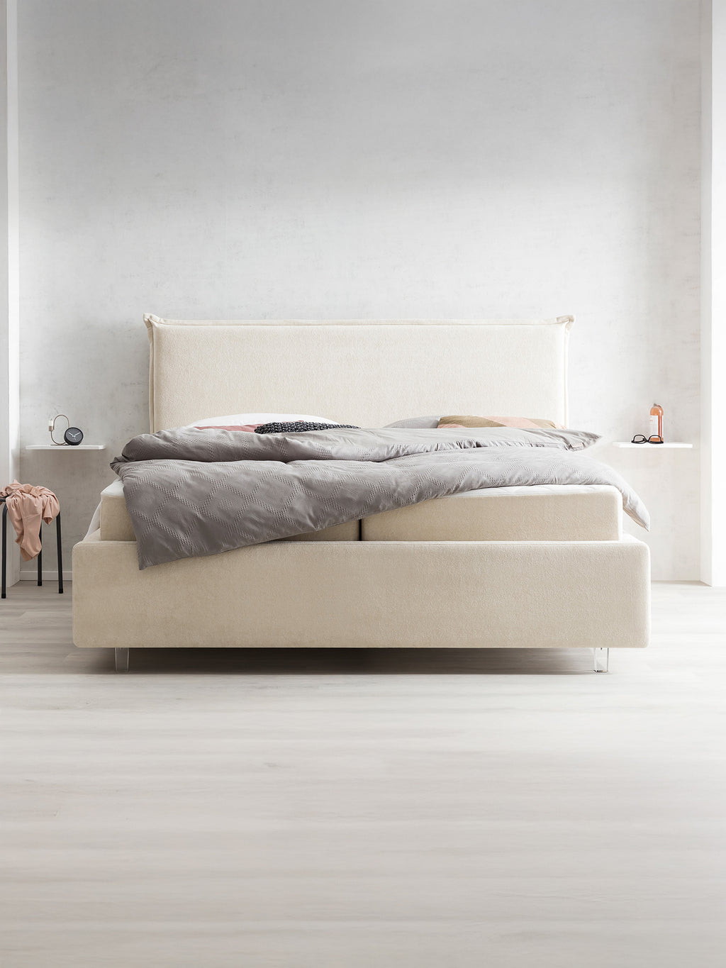 Teddy-Bouclé Bett mit Stauraum Creme London