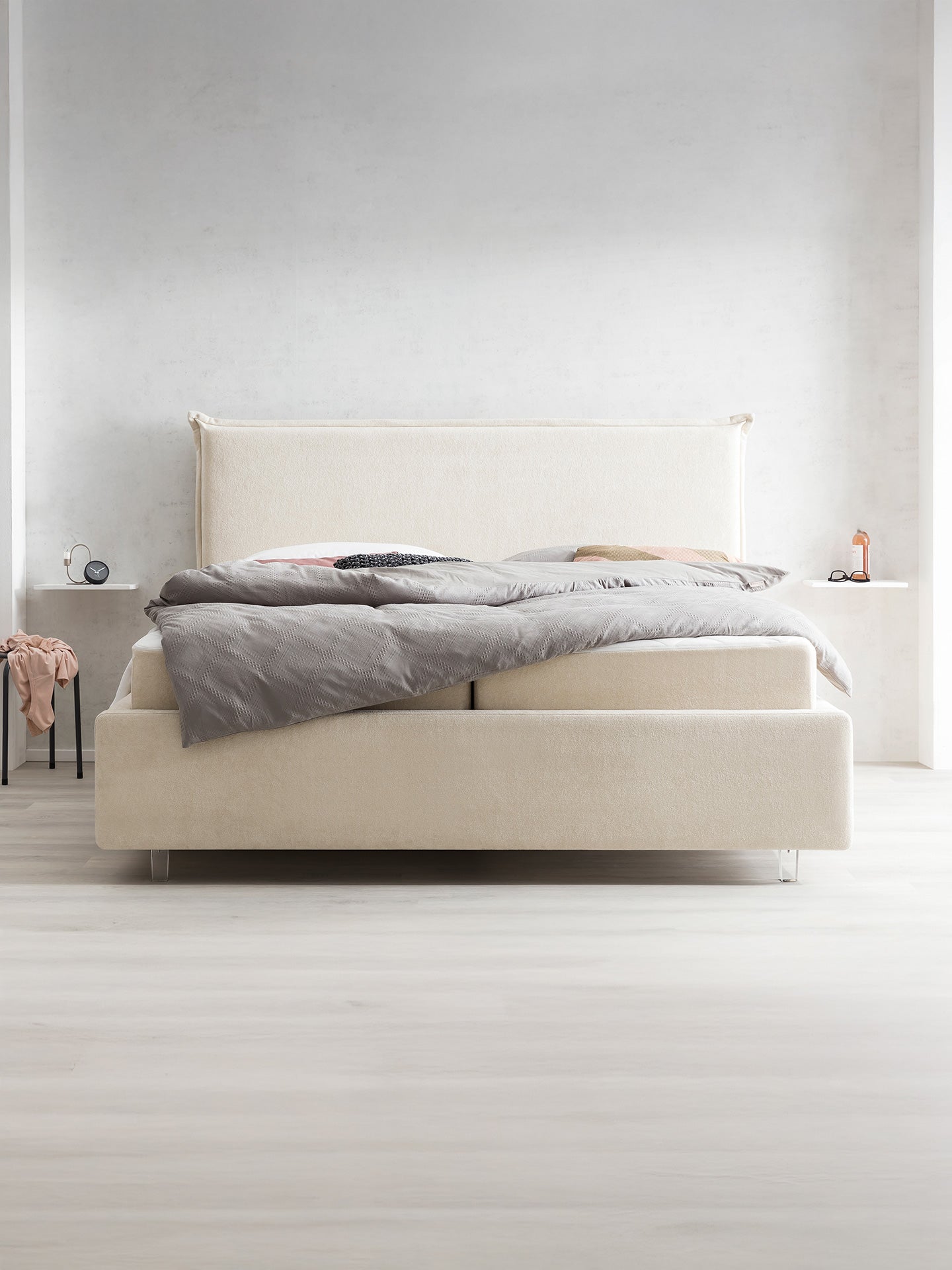 Teddy-Bouclé Bett mit Stauraum Creme London