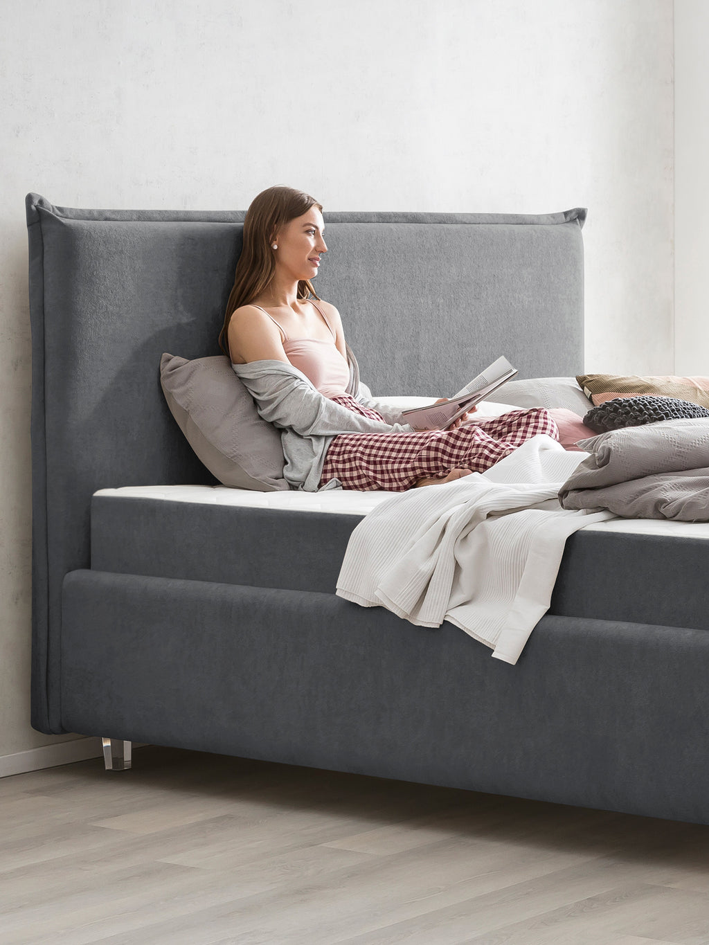 Teddy-Bouclé Bett mit Stauraum Dunkelgrau London