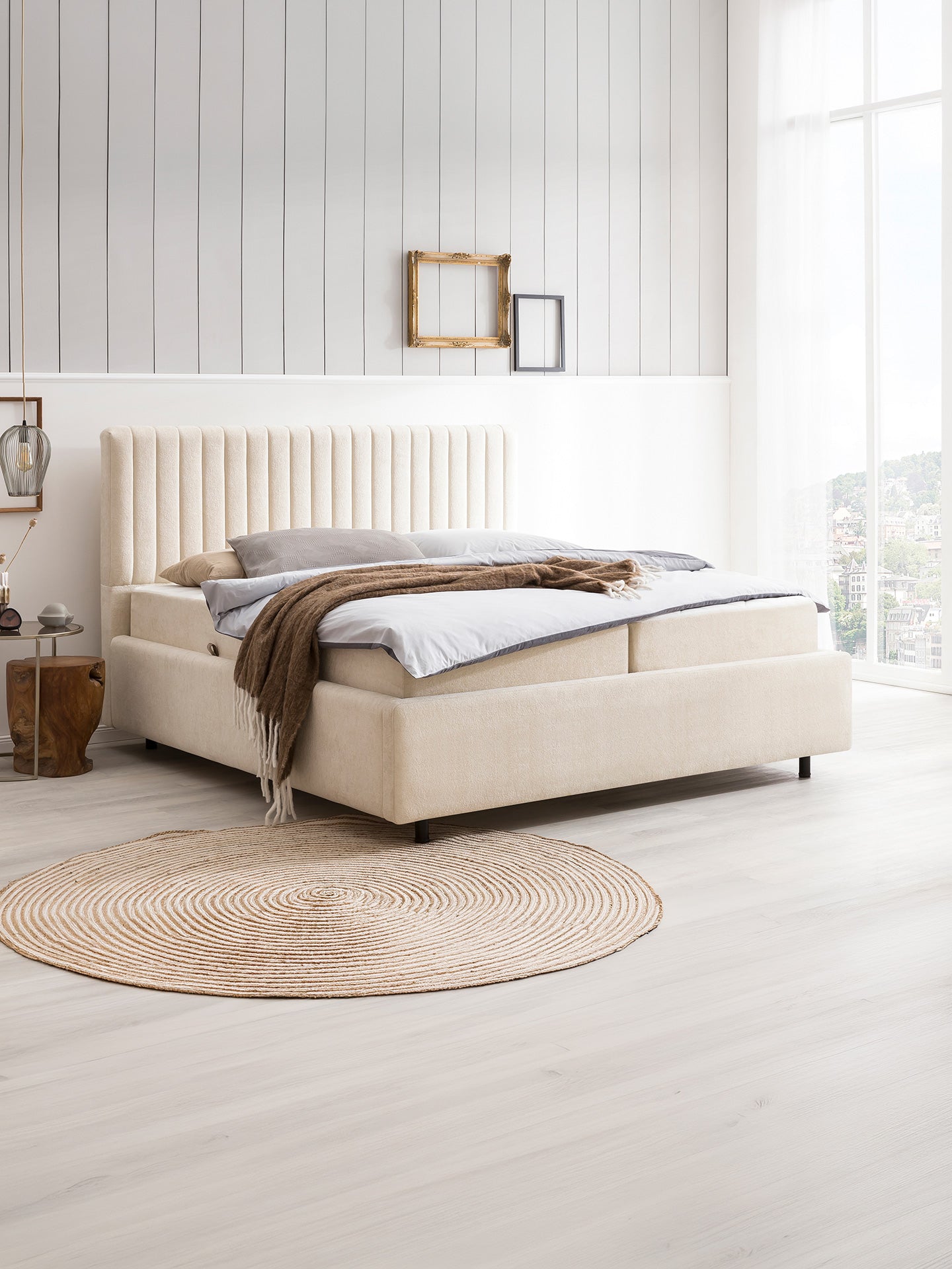 Teddy-Bouclé Bett mit Stauraum Creme Paris