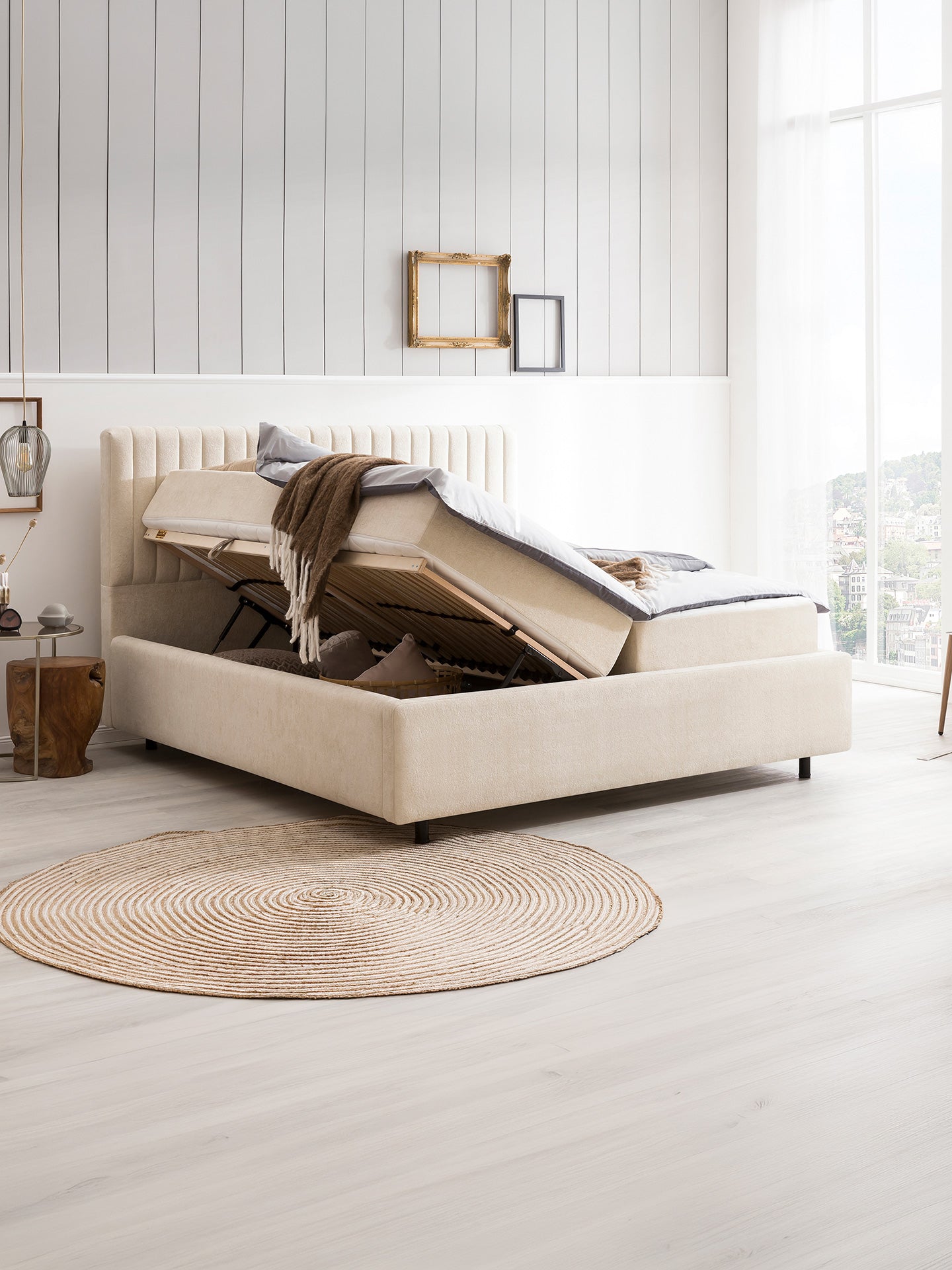 Teddy-Bouclé Bett mit Stauraum Creme Paris