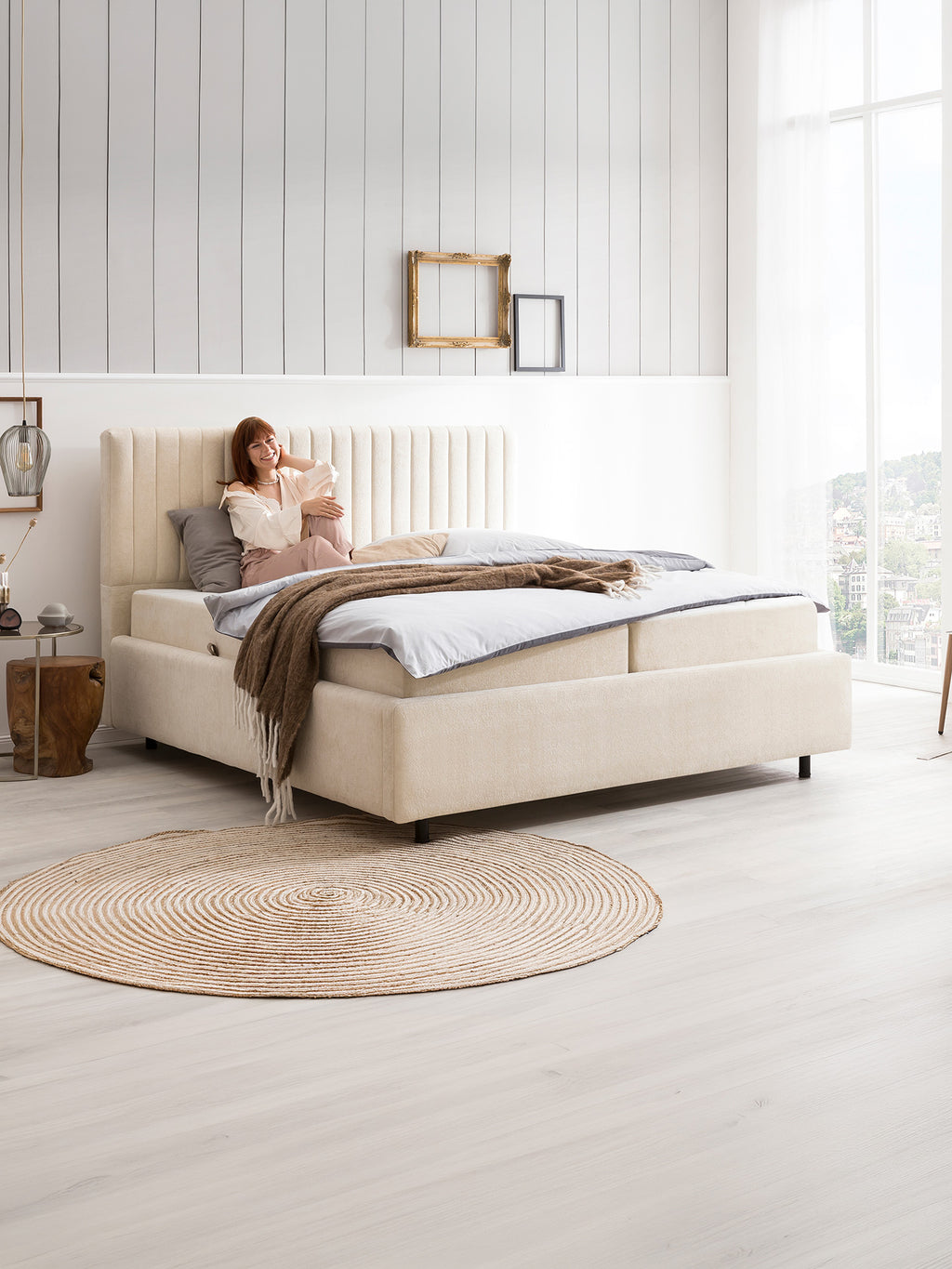 Teddy-Bouclé Bett mit Stauraum Creme Paris