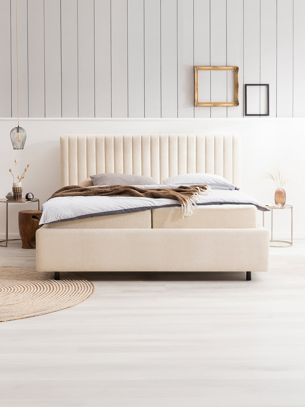 Teddy-Bouclé Bett mit Stauraum Creme Paris