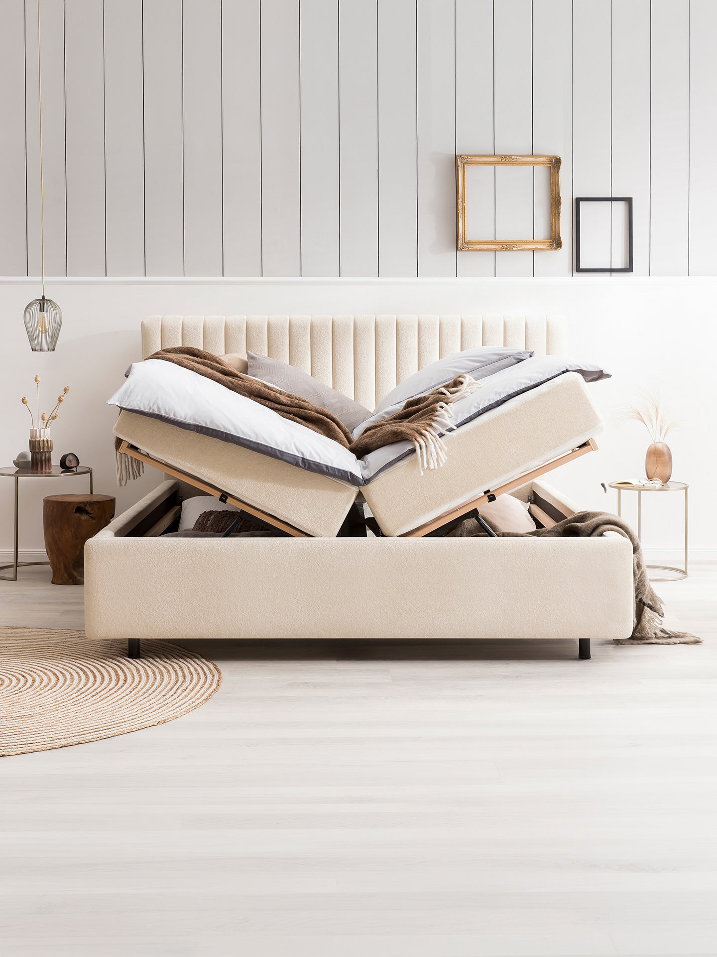 Teddy-Bouclé Bett mit Stauraum Creme Paris