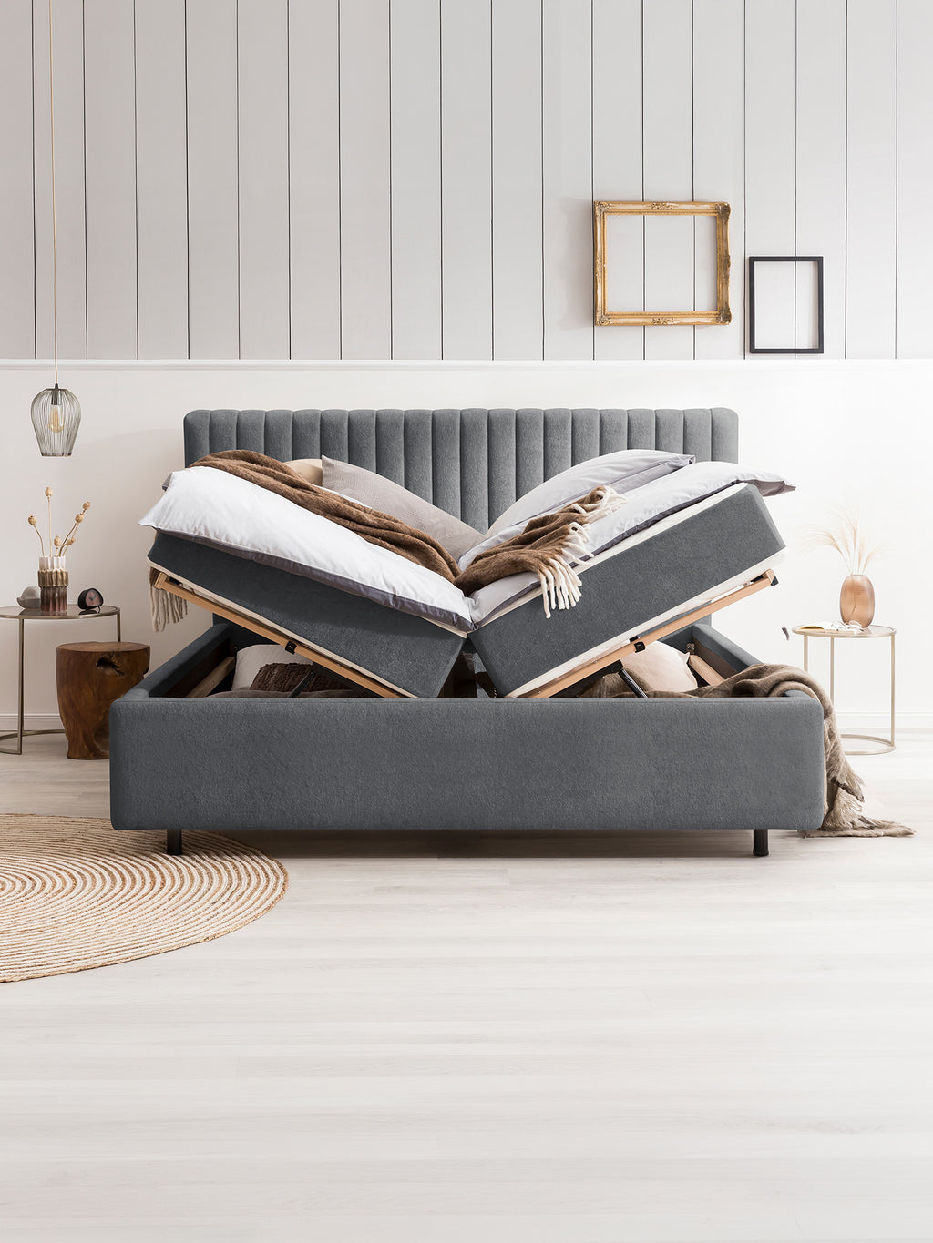 Teddy-Bouclé Bett mit Stauraum Dunkelgrau Paris