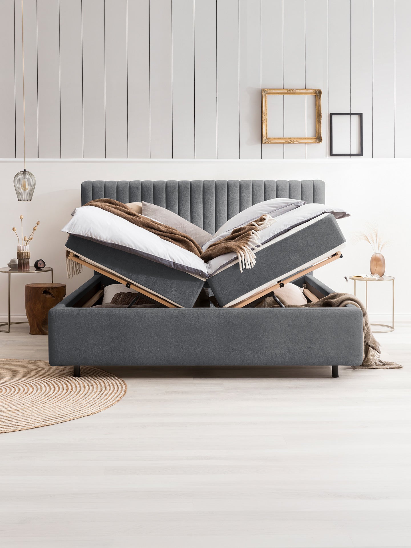 Teddy-Bouclé Bett mit Stauraum Dunkelgrau Paris