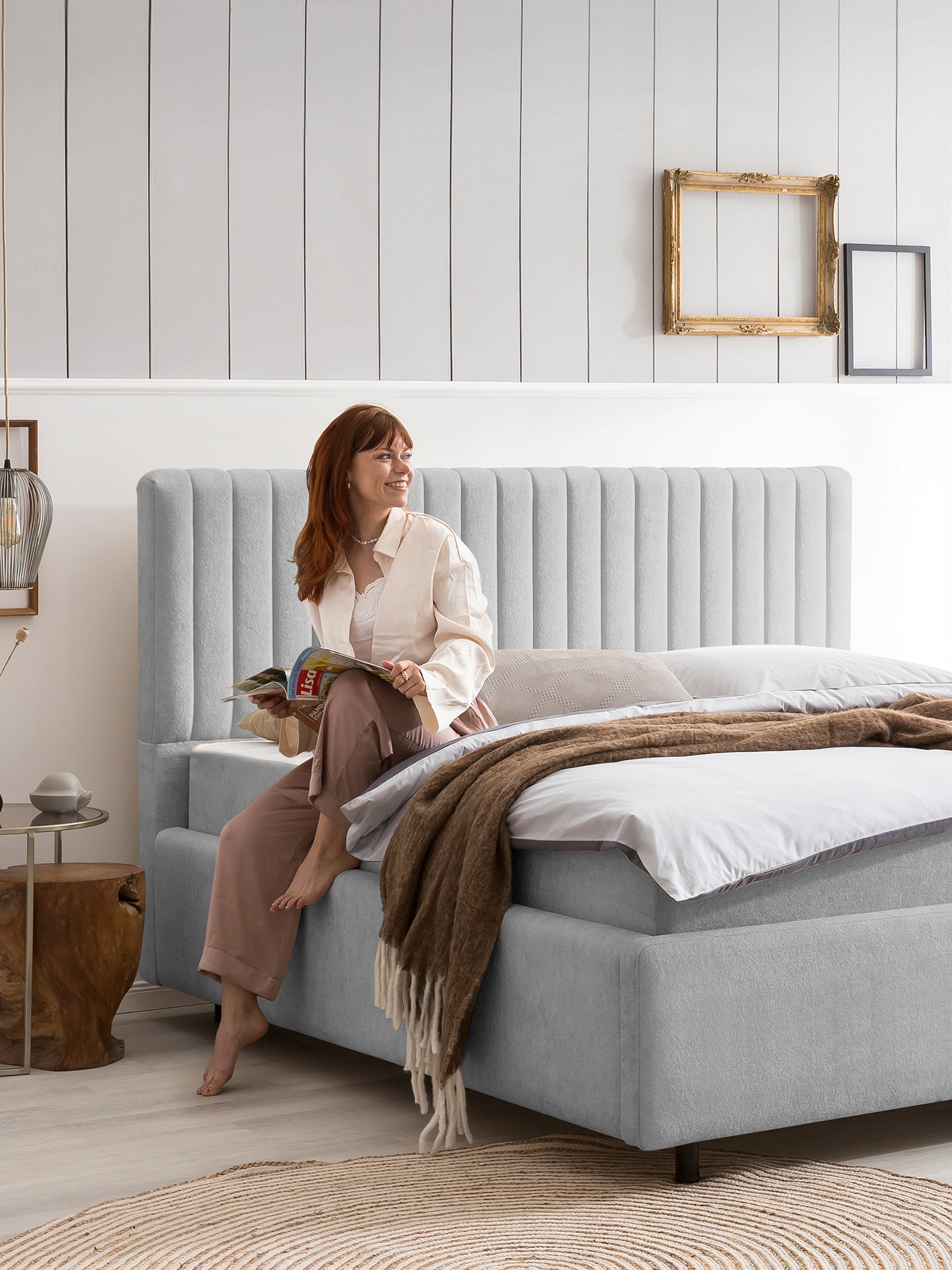 Teddy-Bouclé Bett mit Stauraum Grau Paris