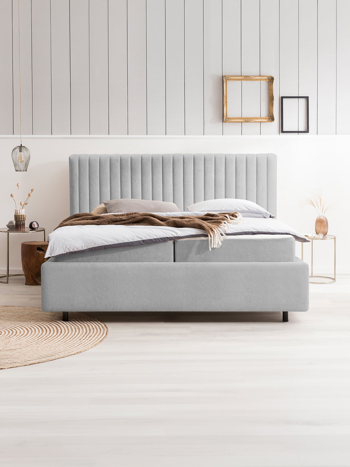 Teddy-Bouclé Bett mit Stauraum Grau Paris