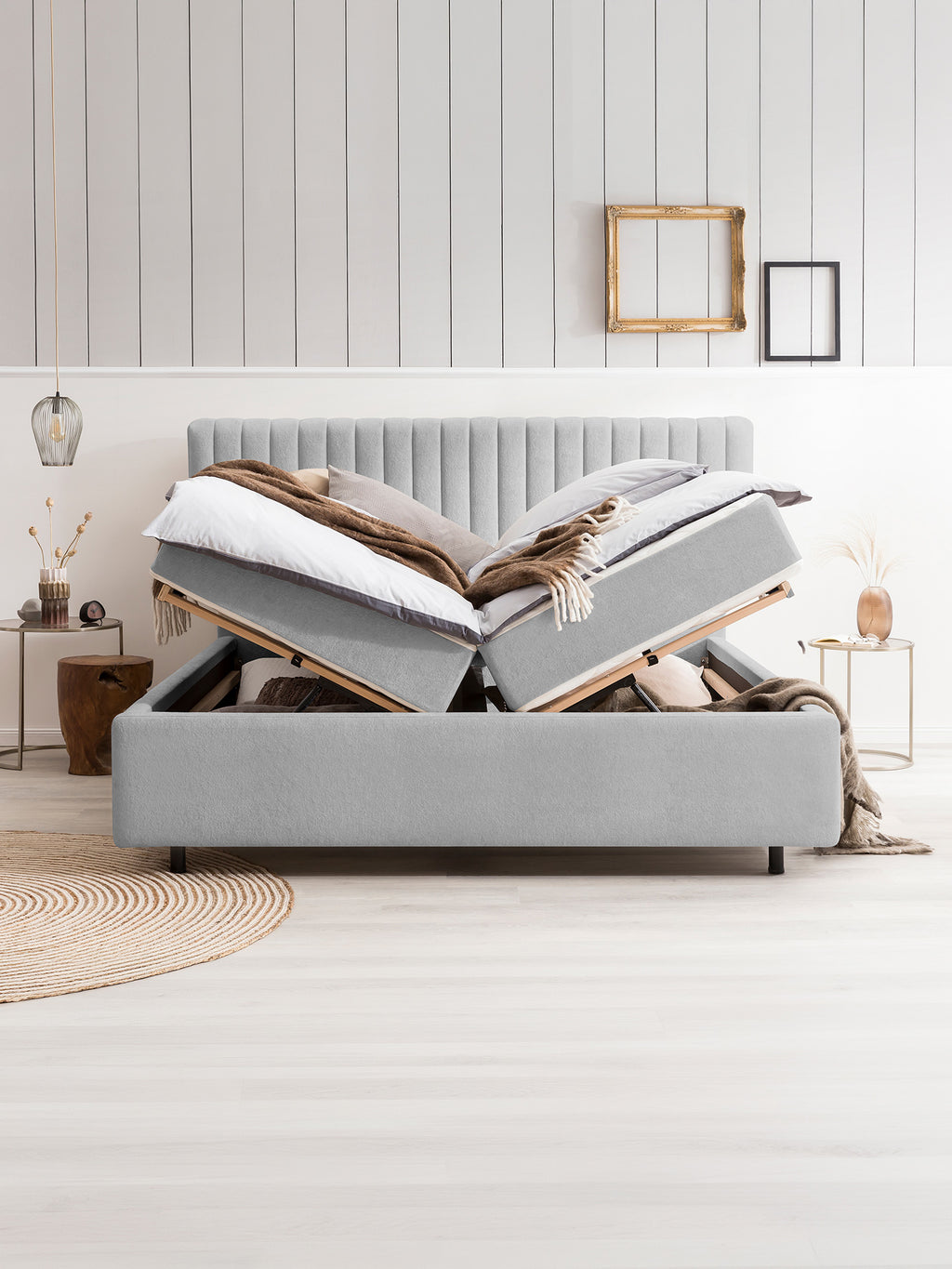 Teddy-Bouclé Bett mit Stauraum Grau Paris