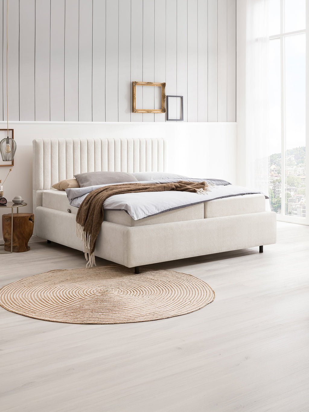 Teddy-Bouclé Bett mit Stauraum Altweiß Paris