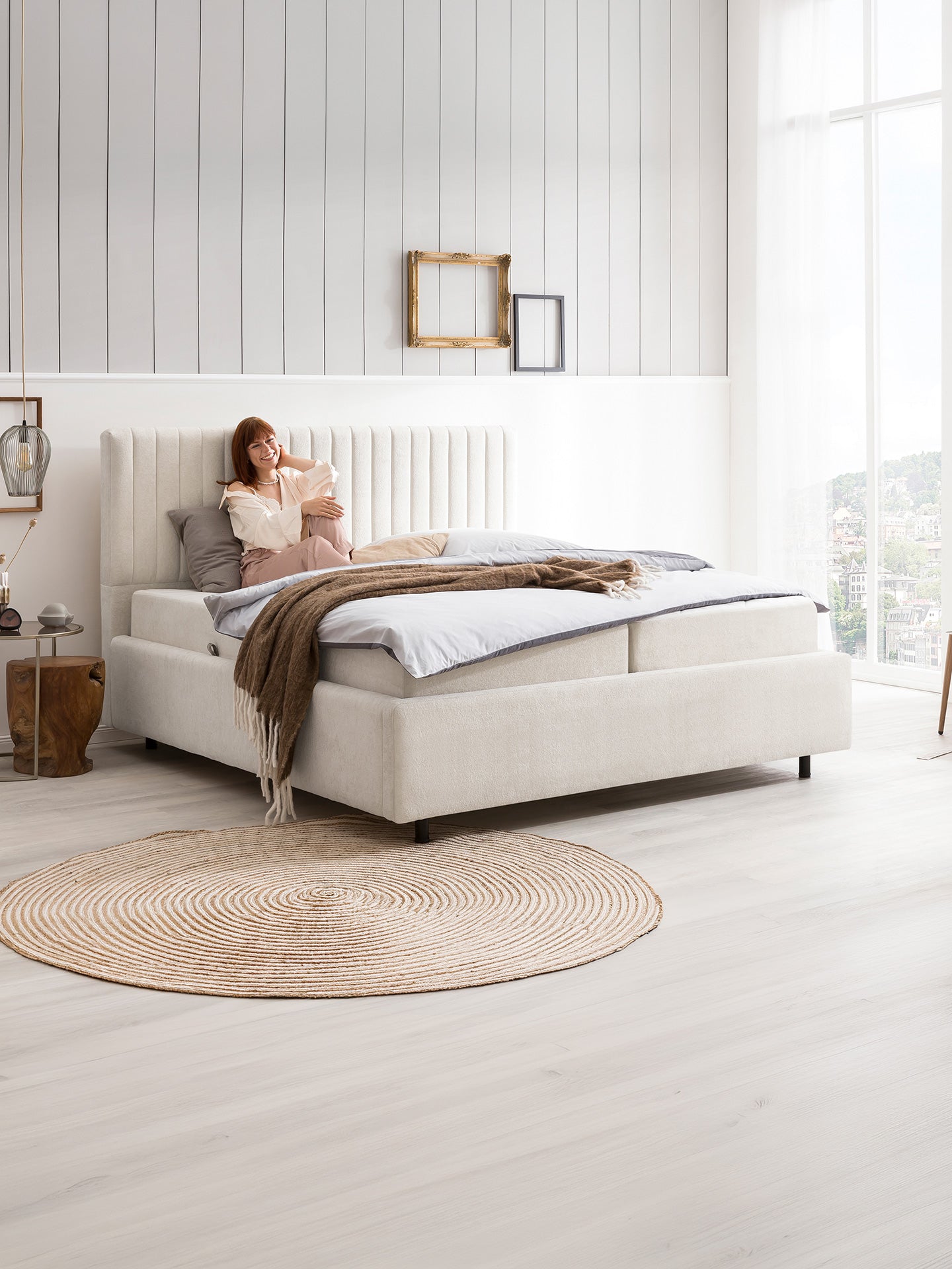 Teddy-Bouclé Bett mit Stauraum Altweiß Paris