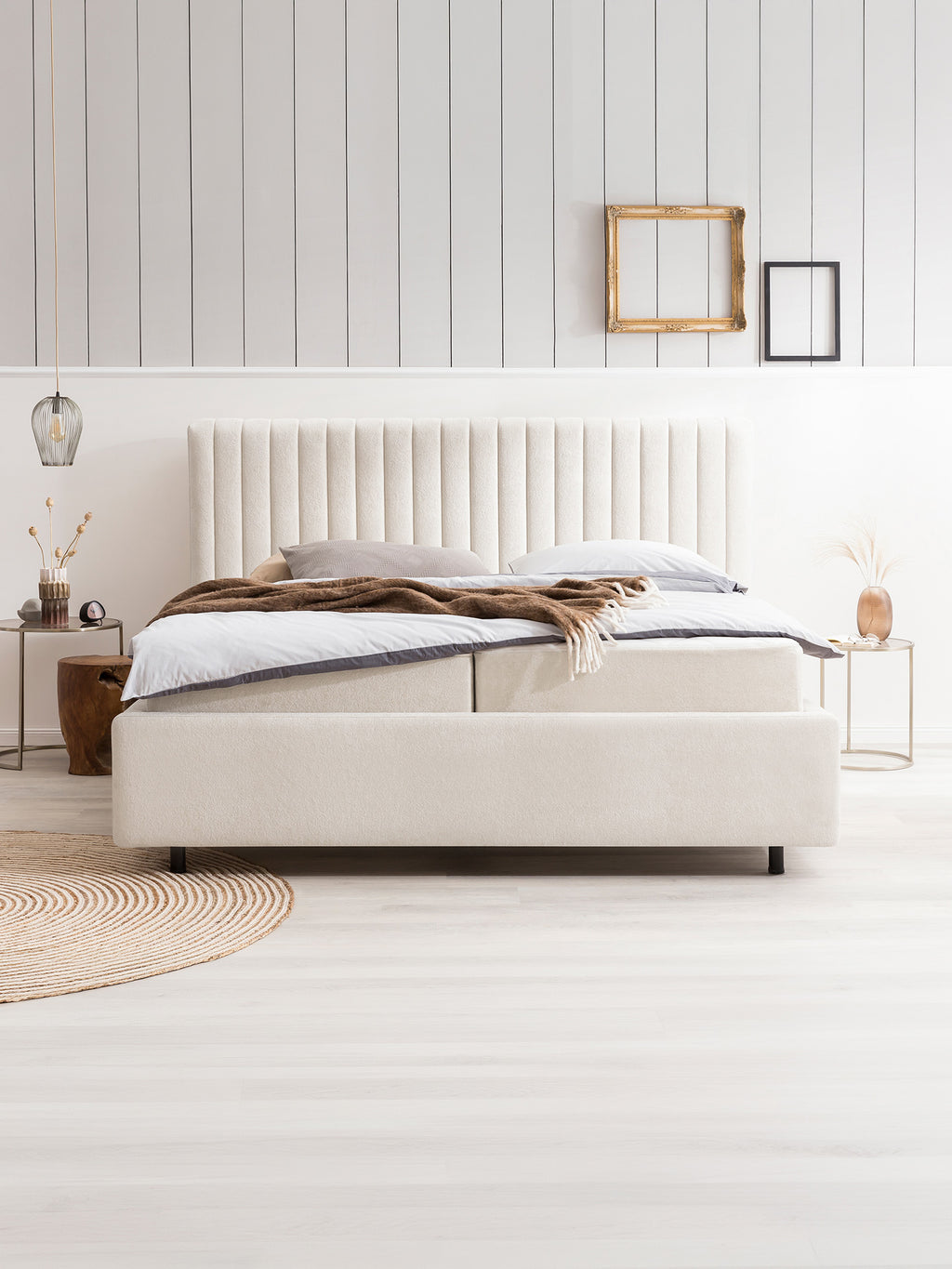 Teddy-Bouclé Bett mit Stauraum Altweiß Paris