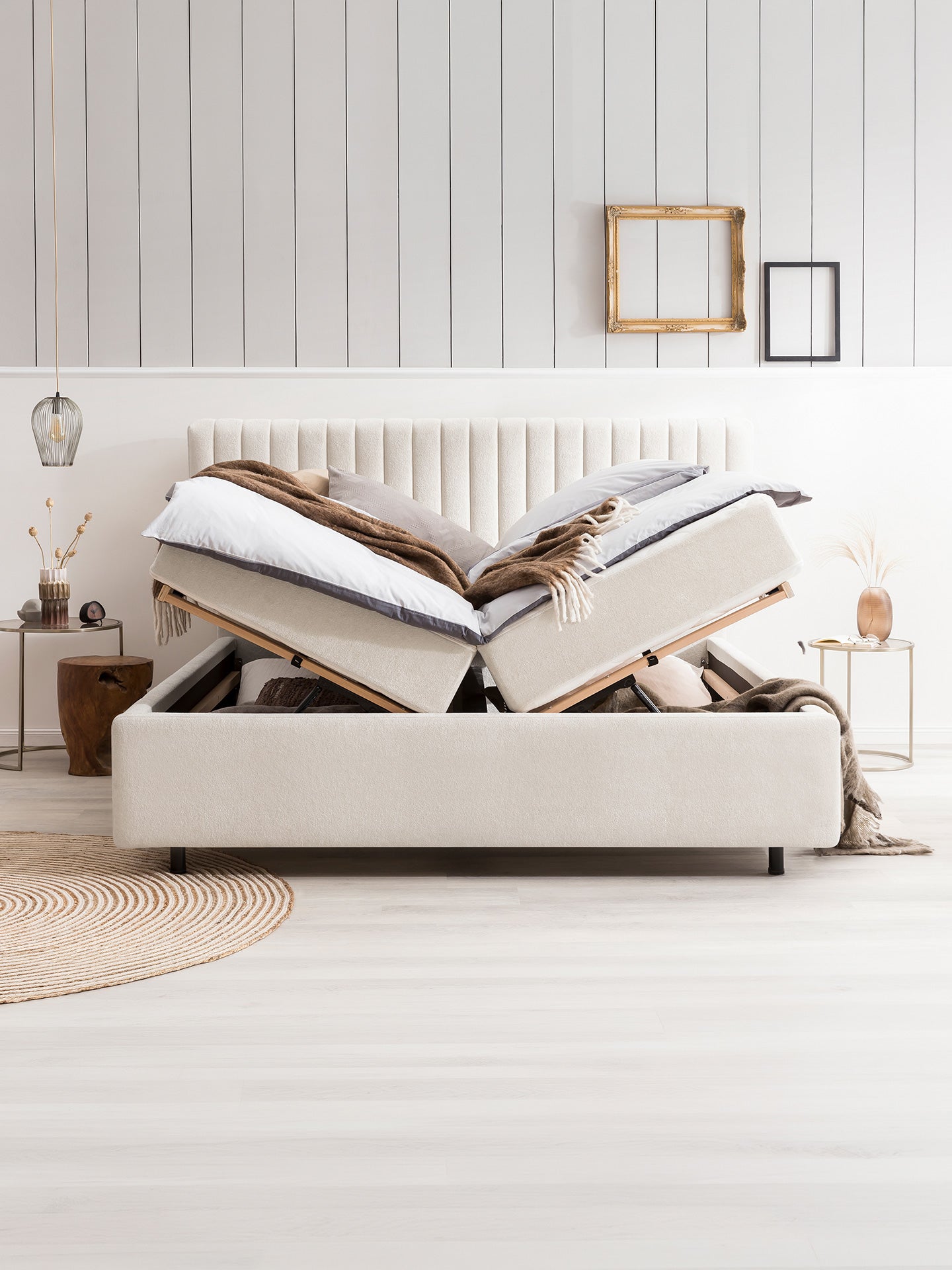 Teddy-Bouclé Bett mit Stauraum Altweiß Paris