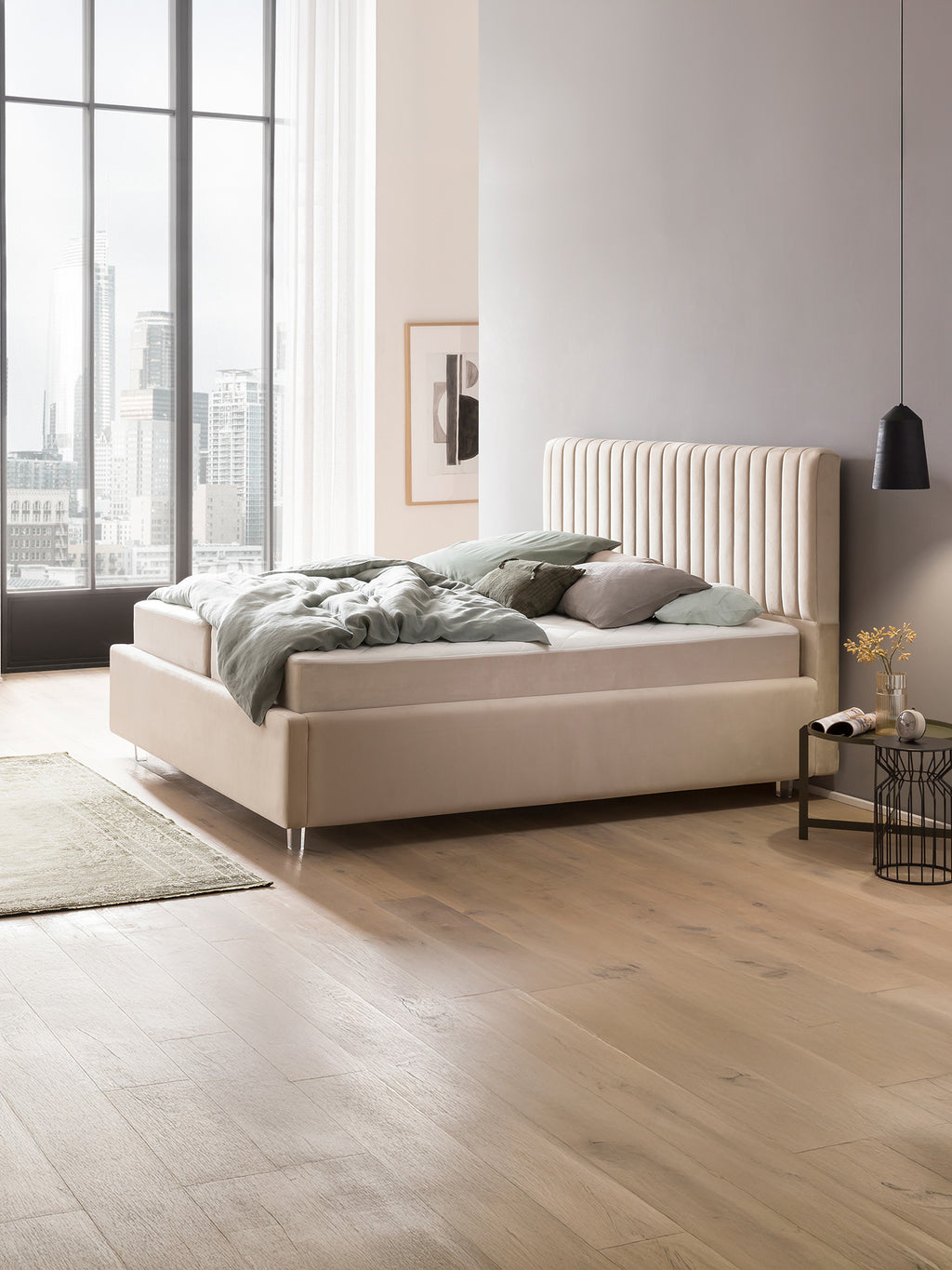 Velours Bett mit Stauraum Creme Paris