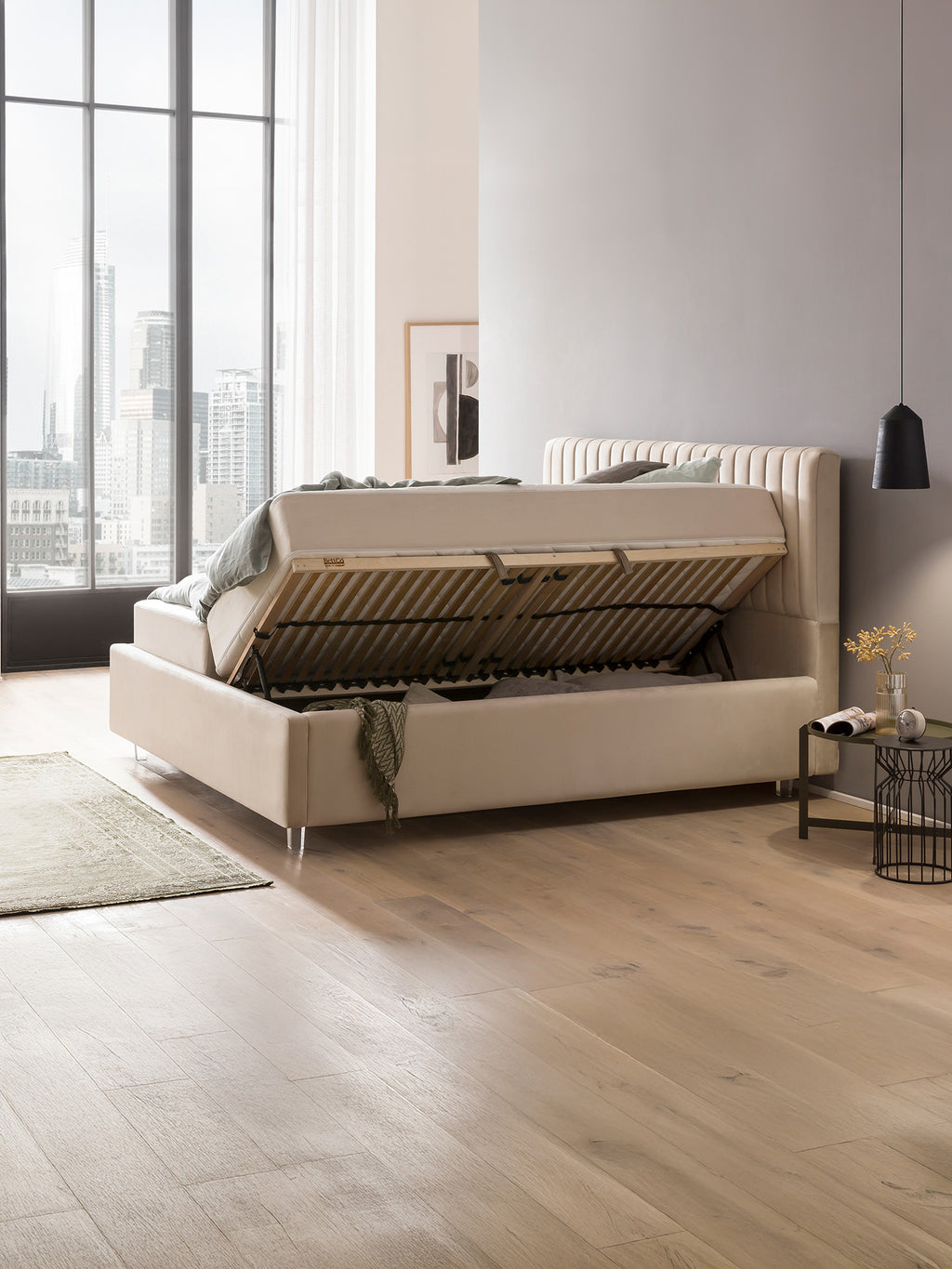 Velours Bett mit Stauraum Creme Paris