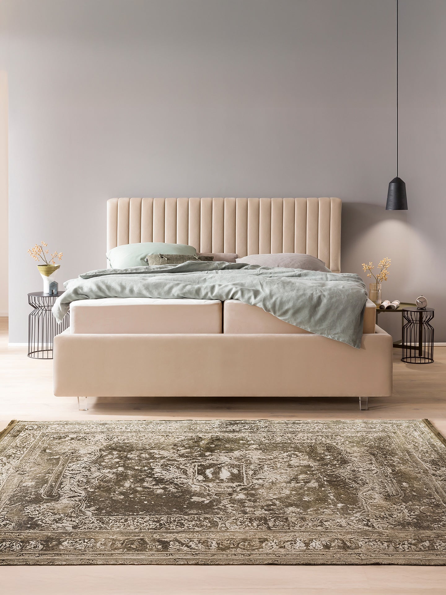 Velours Bett mit Stauraum Creme Paris