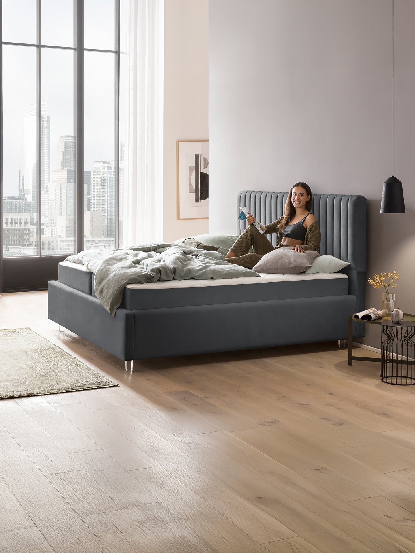 Velours Bett mit Stauraum Dunkelgrau Paris