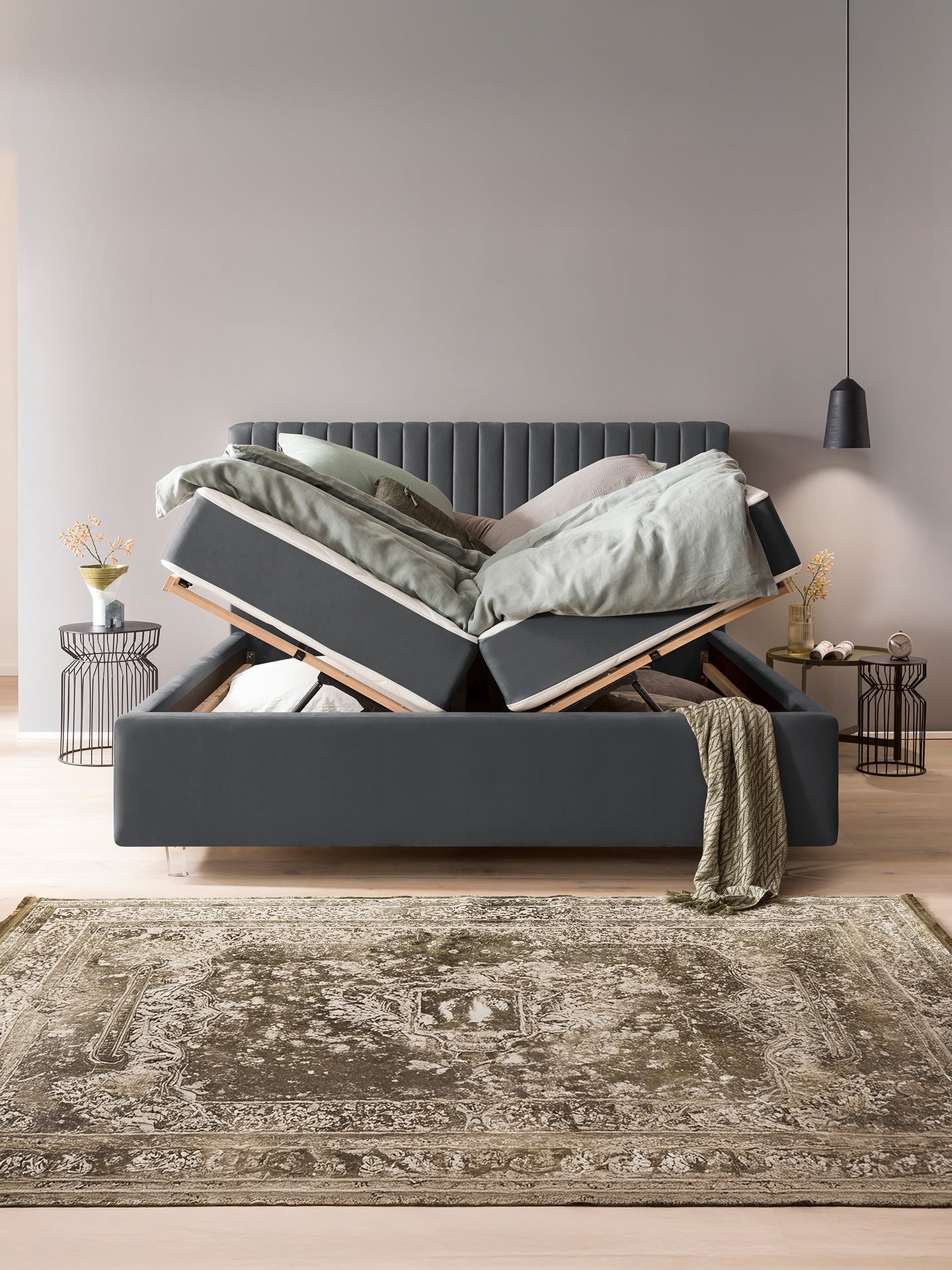 Velours Bett mit Stauraum Dunkelgrau Paris