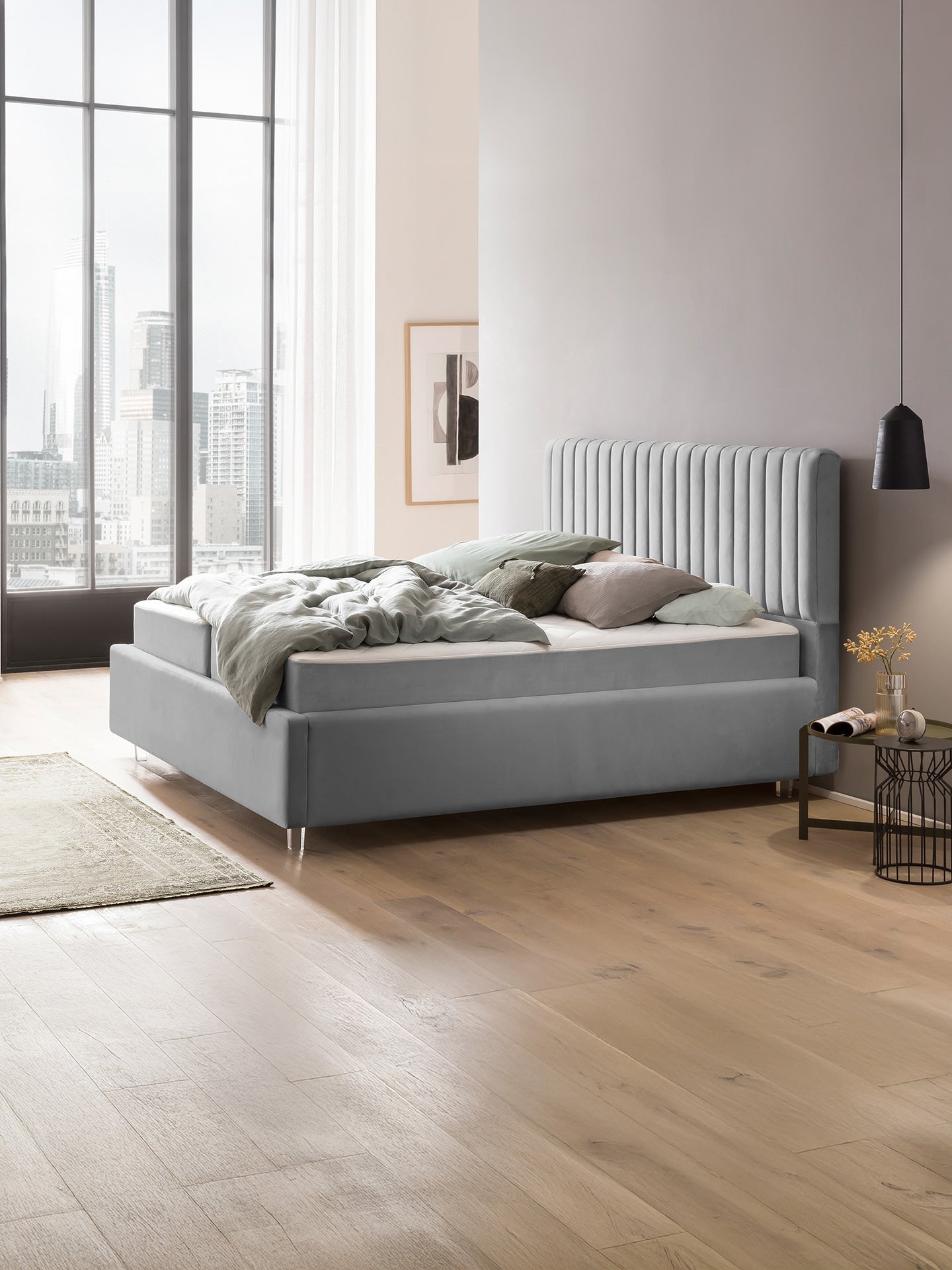 Velours Bett mit Stauraum Grau Paris
