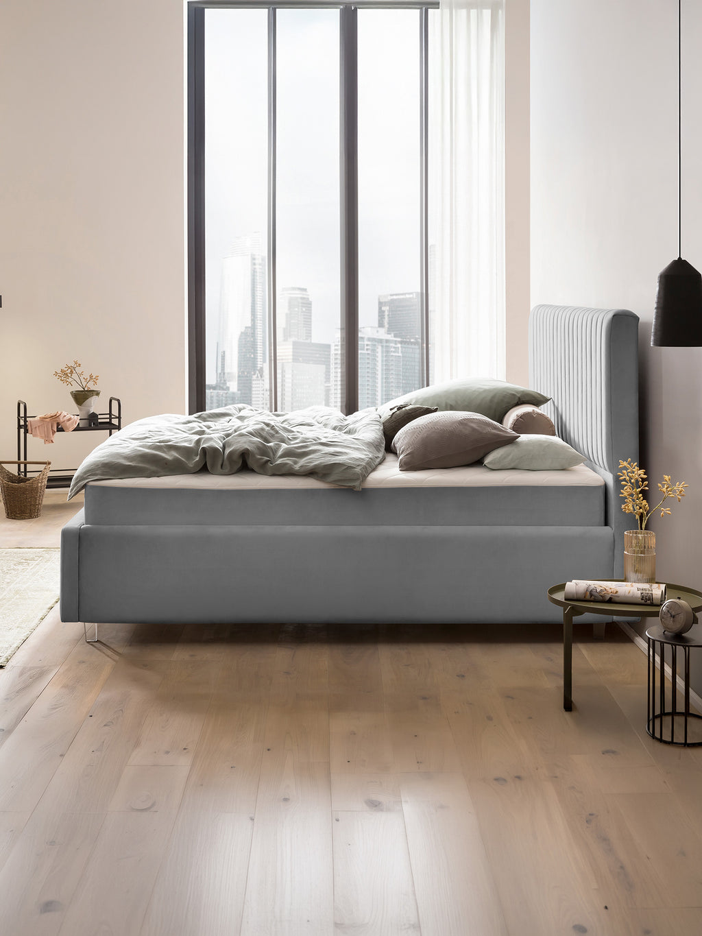 Velours Bett mit Stauraum Grau Paris