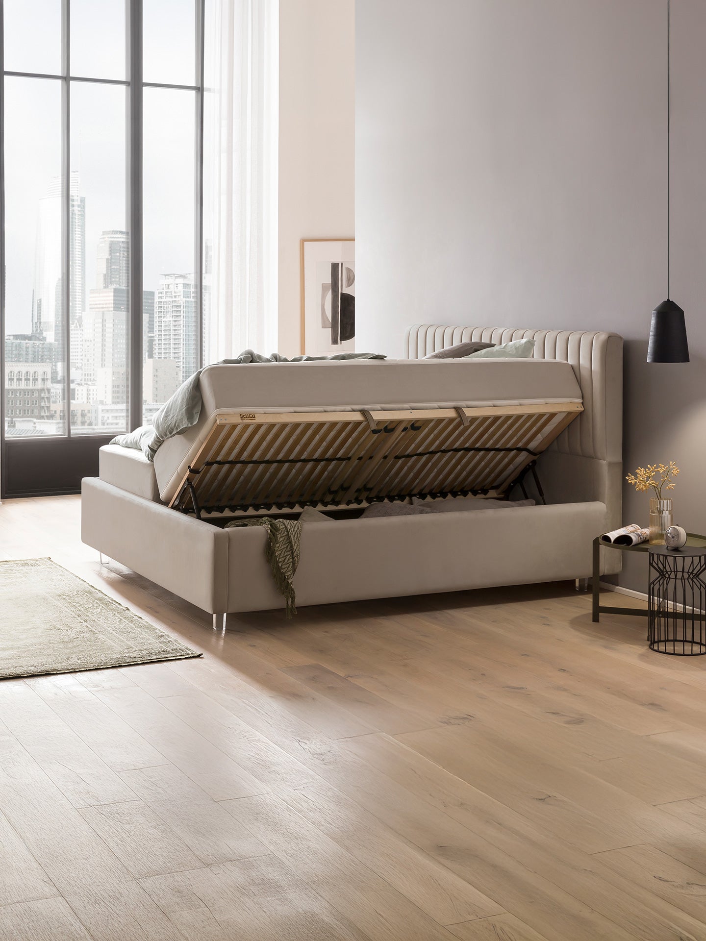 Velours Bett mit Stauraum Taupe Paris