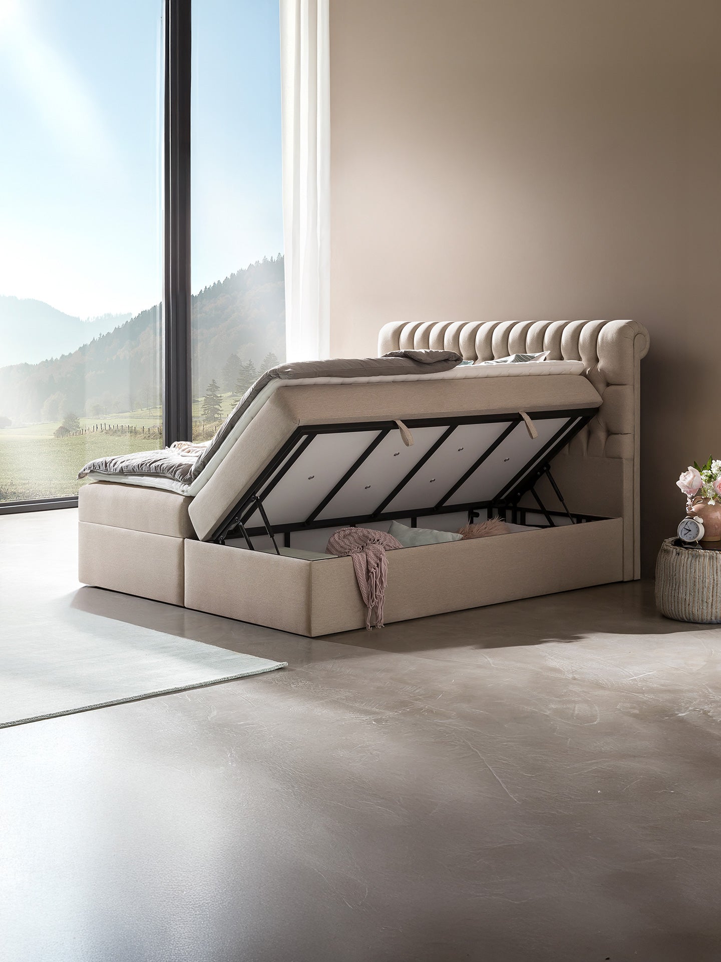 Webstoff Boxspringbett mit Stauraum Beige CHESTER