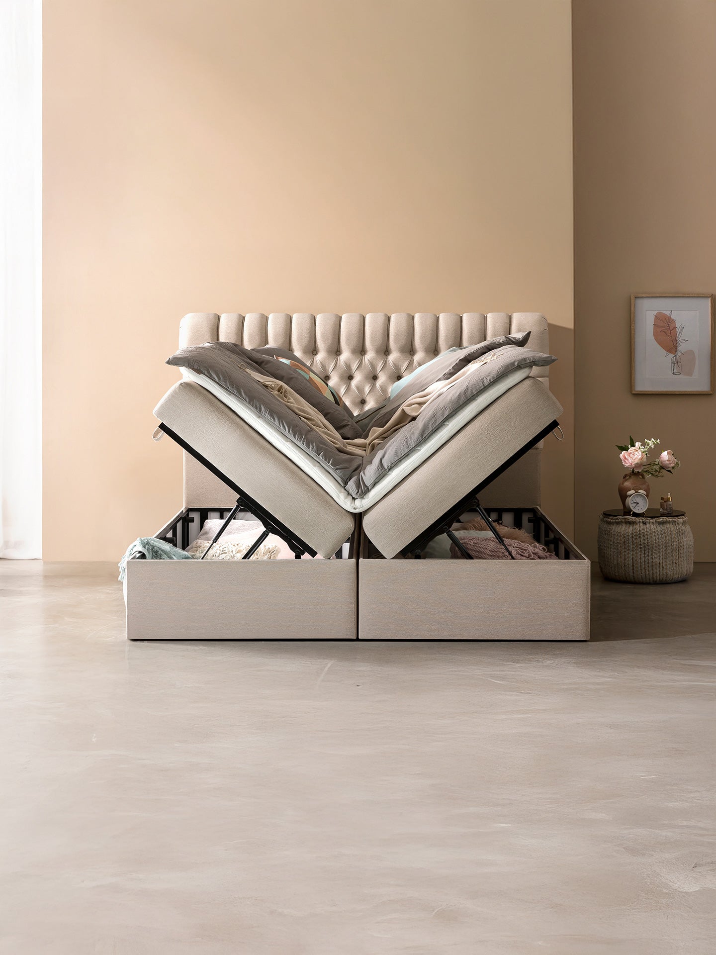 Webstoff Boxspringbett mit Stauraum Beige CHESTER