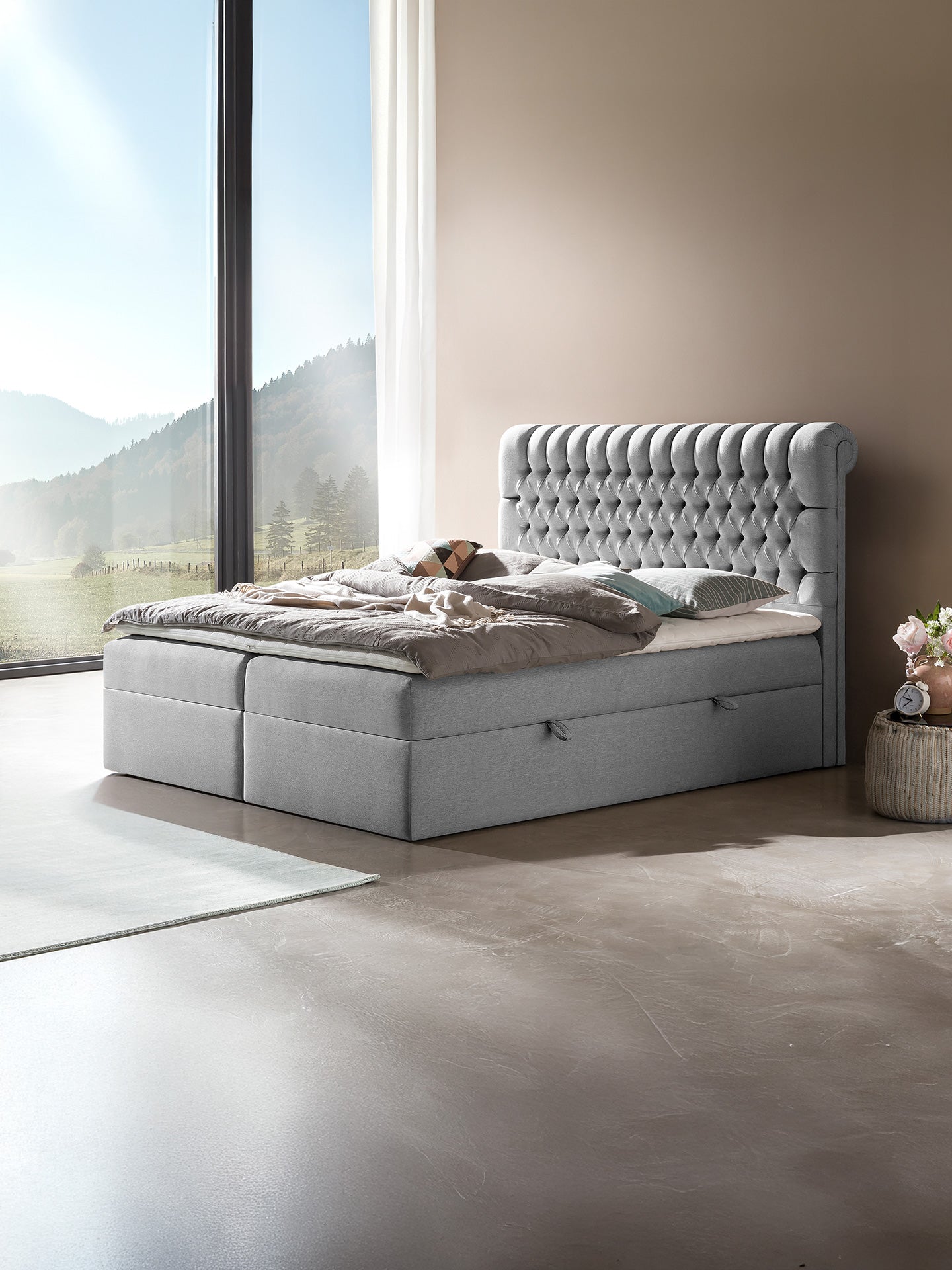 Webstoff Boxspringbett mit Stauraum Hellgrau CHESTER