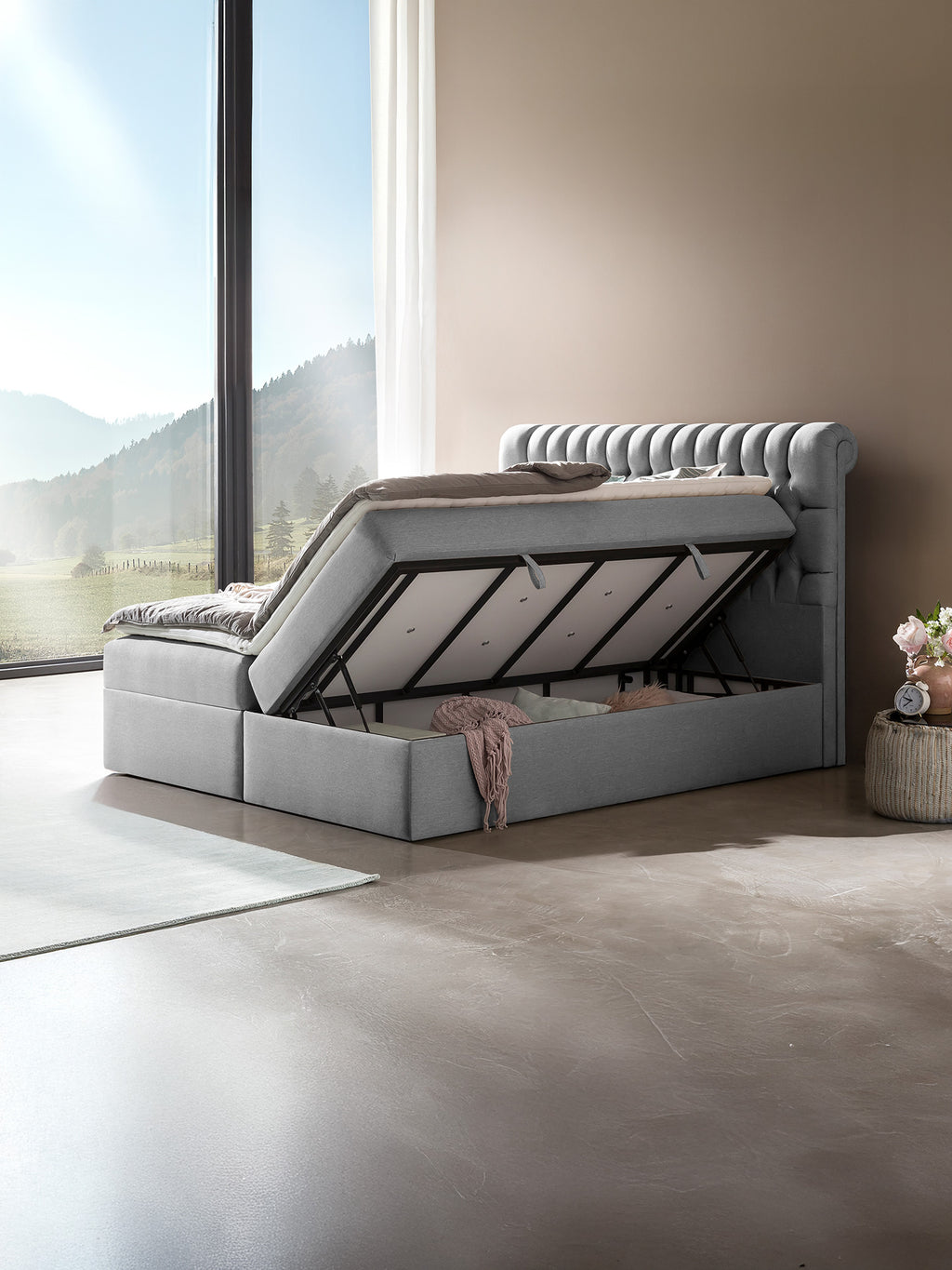 Webstoff Boxspringbett mit Stauraum Hellgrau CHESTER