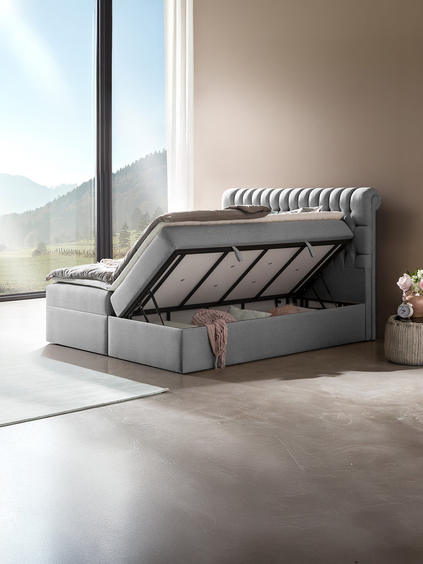 Webstoff Boxspringbett mit Stauraum Hellgrau CHESTER