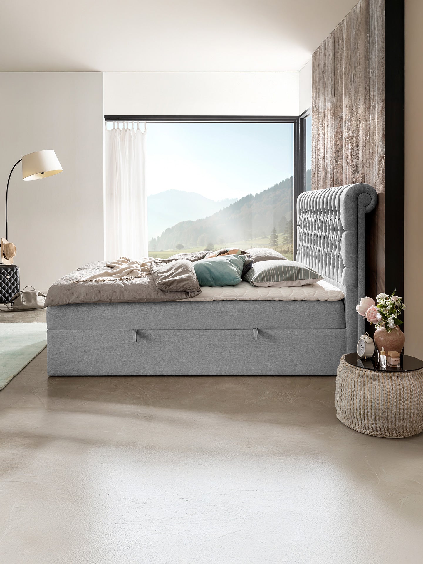 Webstoff Boxspringbett mit Stauraum Hellgrau CHESTER