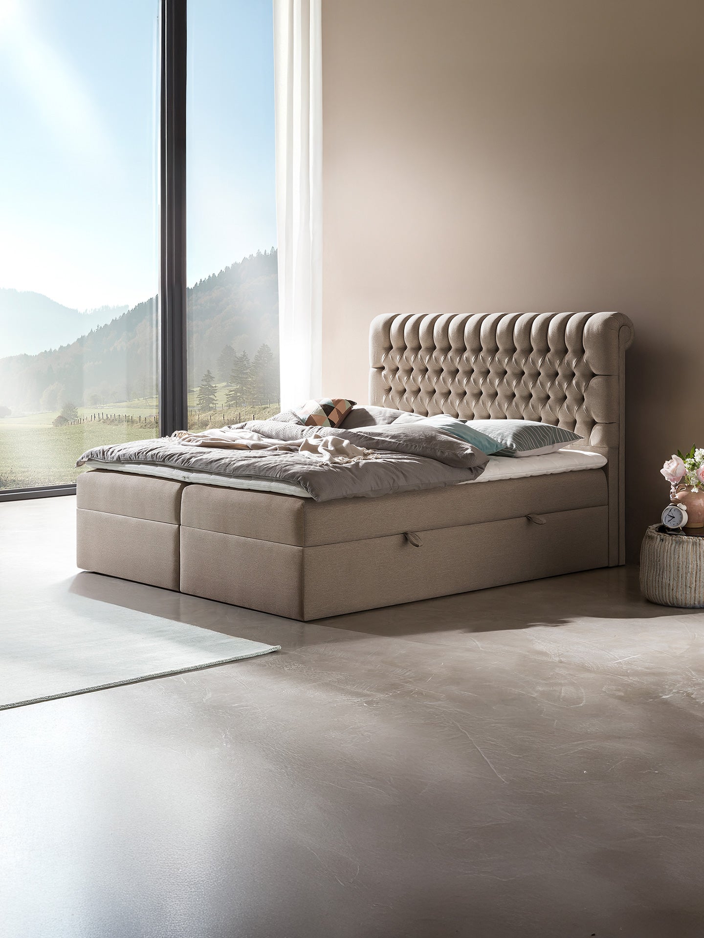 Webstoff Boxspringbett mit Stauraum Nougat CHESTER