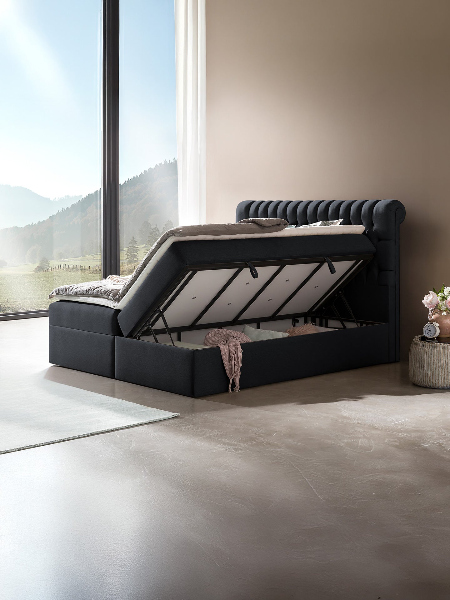 Webstoff Boxspringbett mit Stauraum Schwarz CHESTER