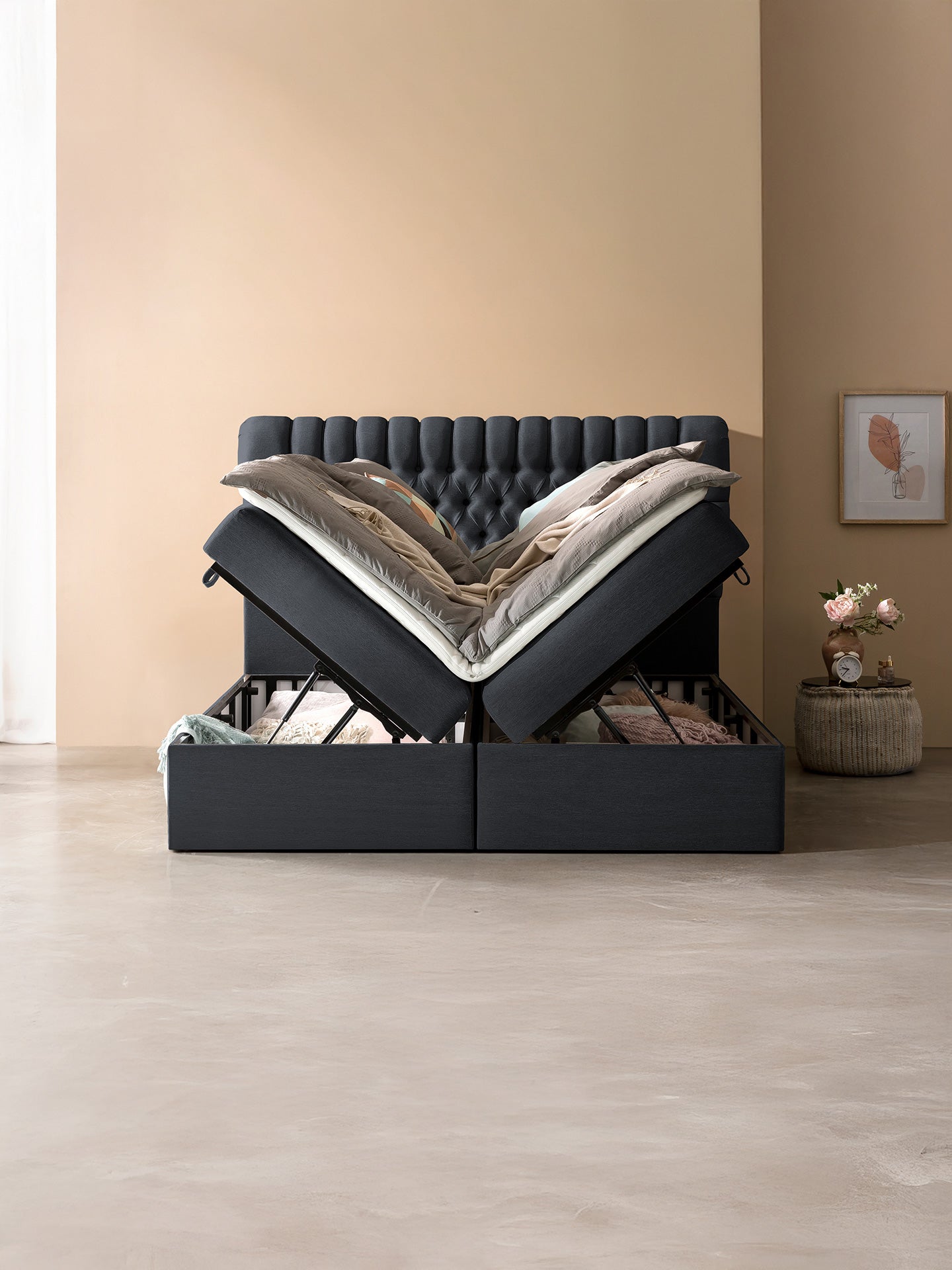 Webstoff Boxspringbett mit Stauraum Schwarz CHESTER