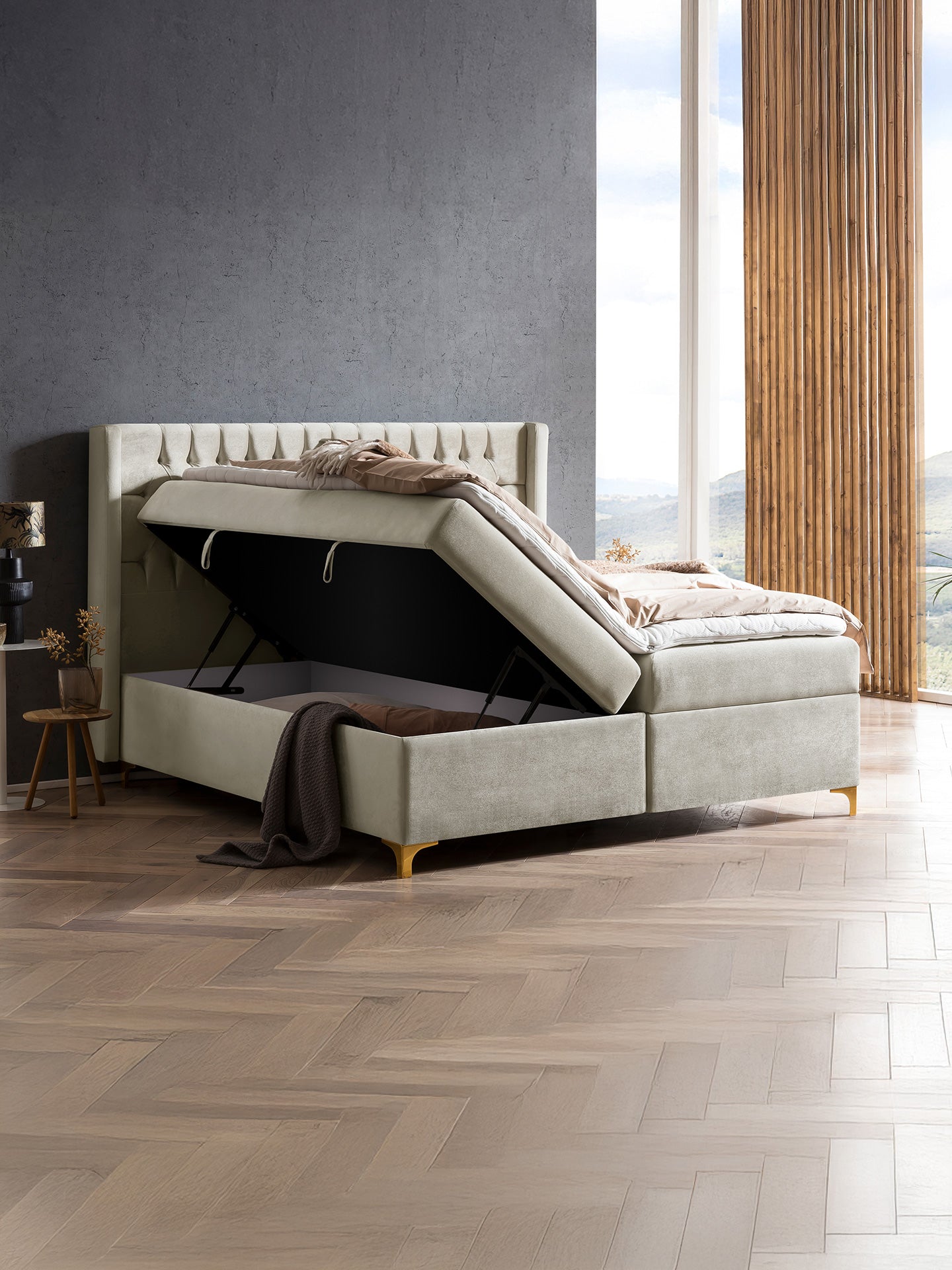 Samt Boxspringbett mit Stauraum Creme FLORIDA