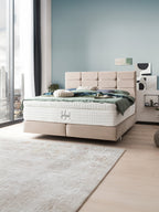 Modernes Schlafzimmer mit beigem Boxspringbett, hellblau gestrichener Wand und großem Fenster mit Stadtblick.