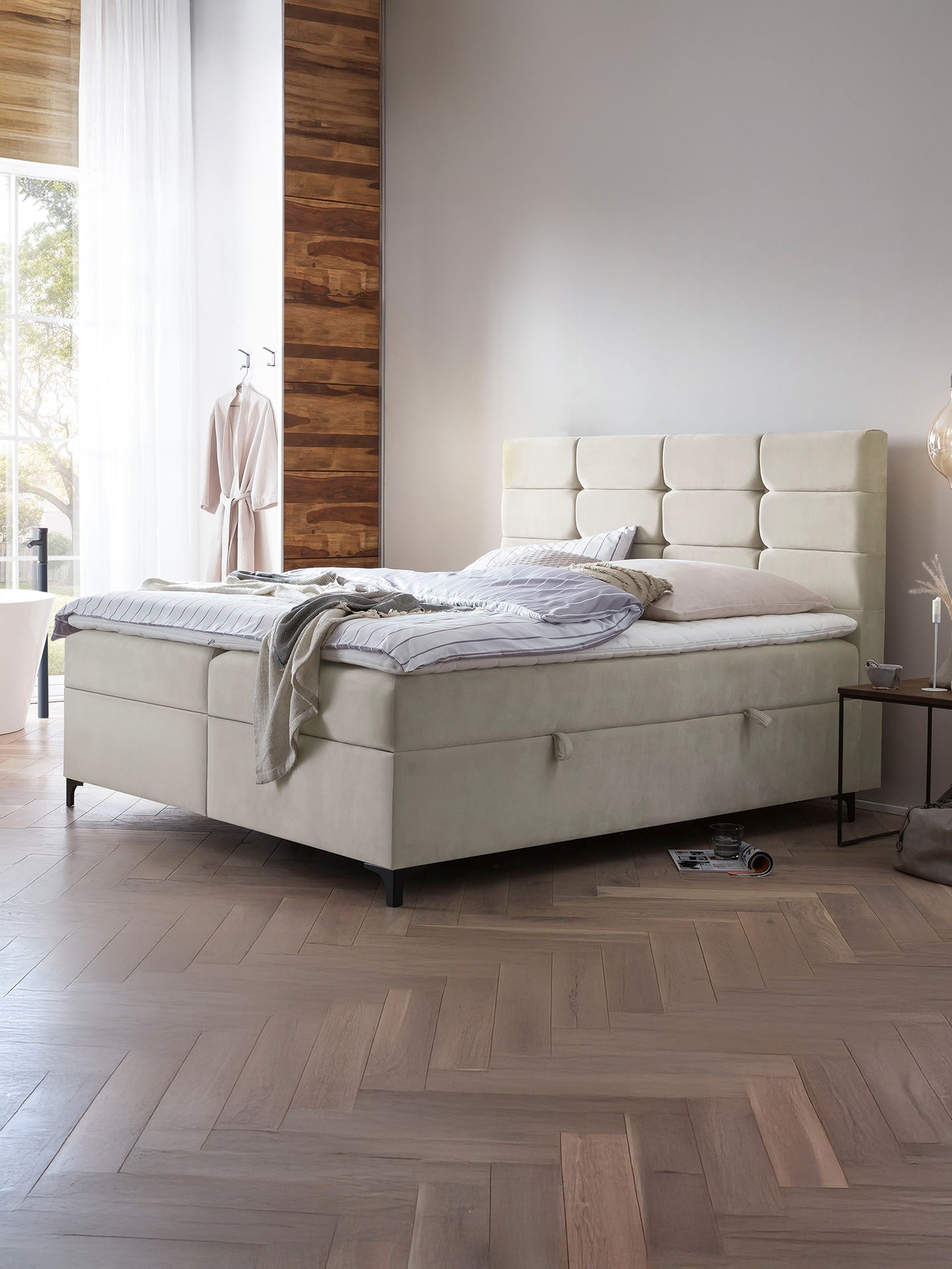 Velours Boxspringbett mit Stauraum Creme KANSAS