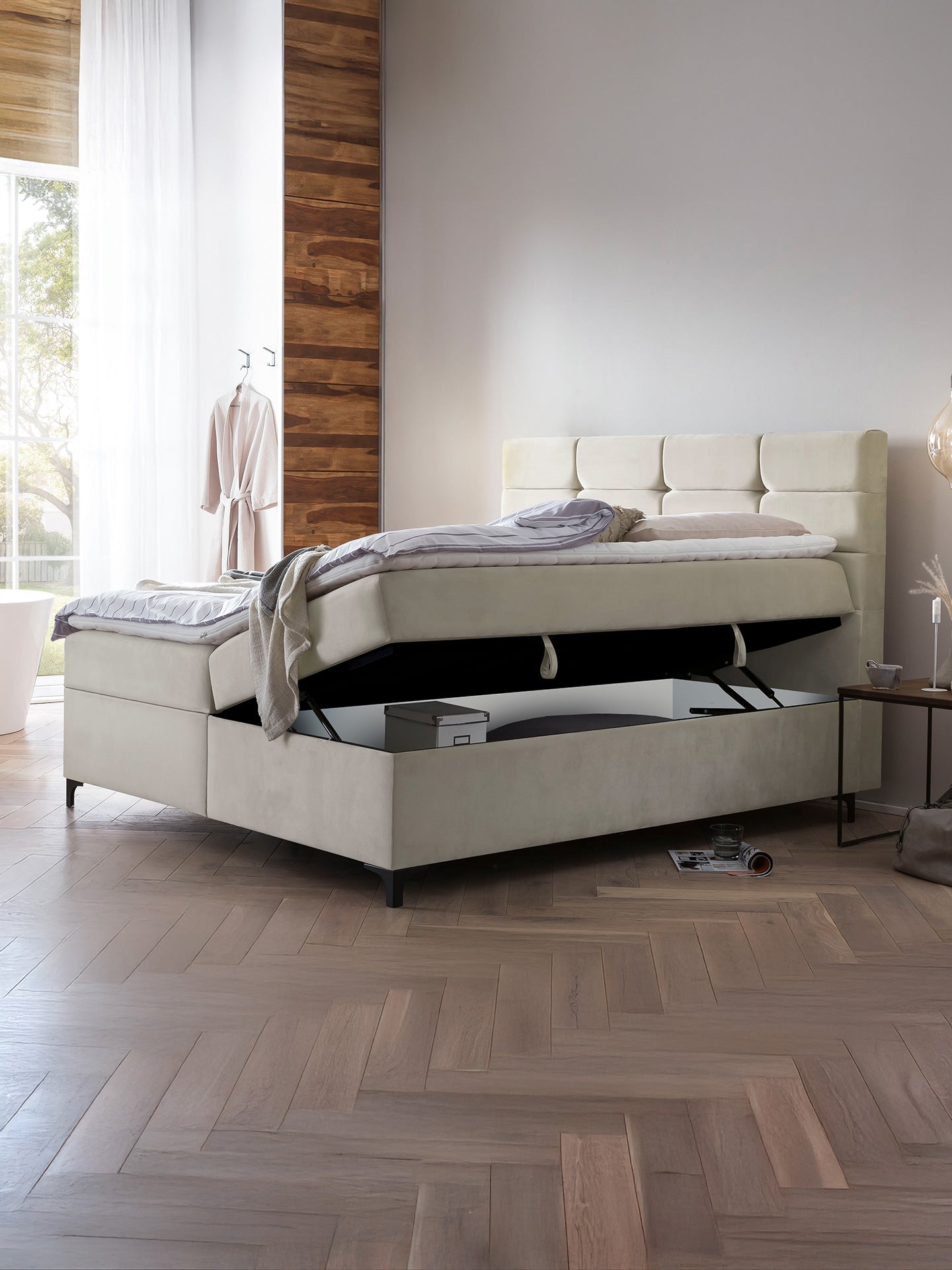 Velours Boxspringbett mit Stauraum Creme KANSAS