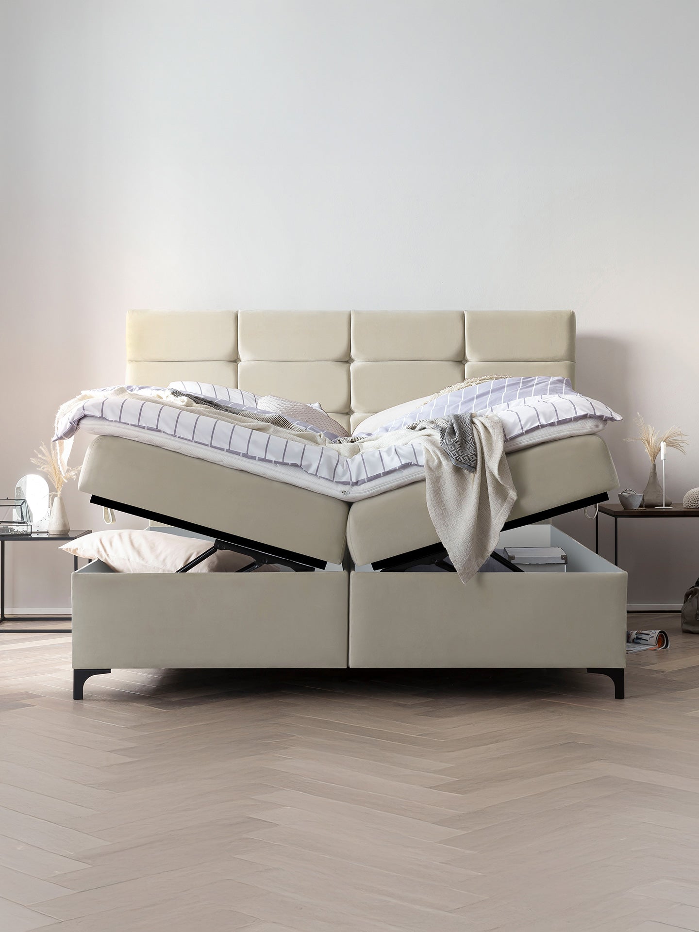 Velours Boxspringbett mit Stauraum Creme KANSAS