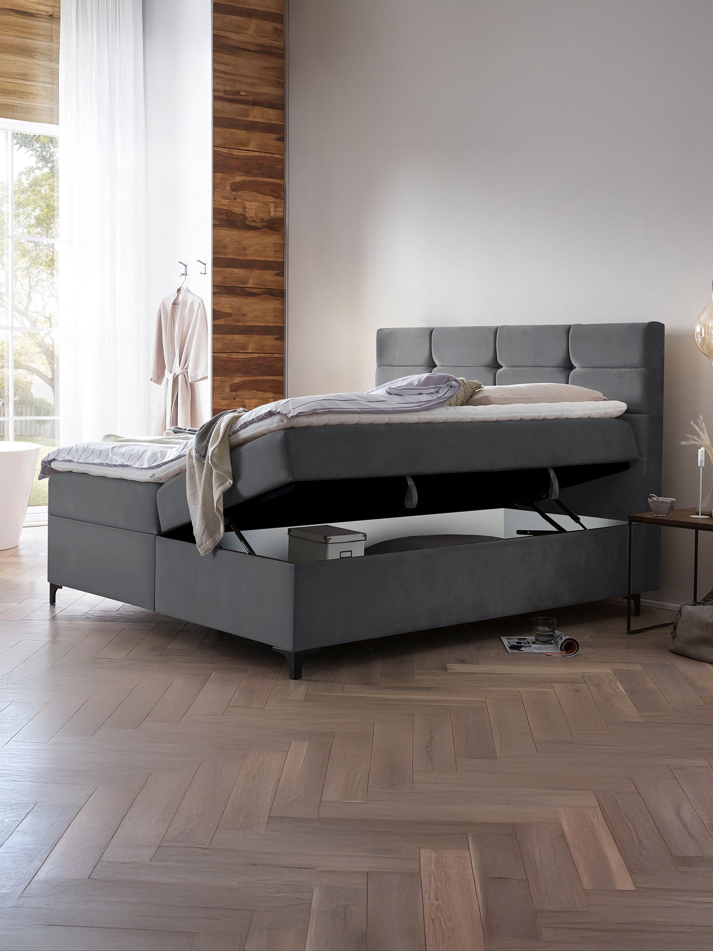 Velours Boxspringbett mit Stauraum Dunkelgrau KANSAS