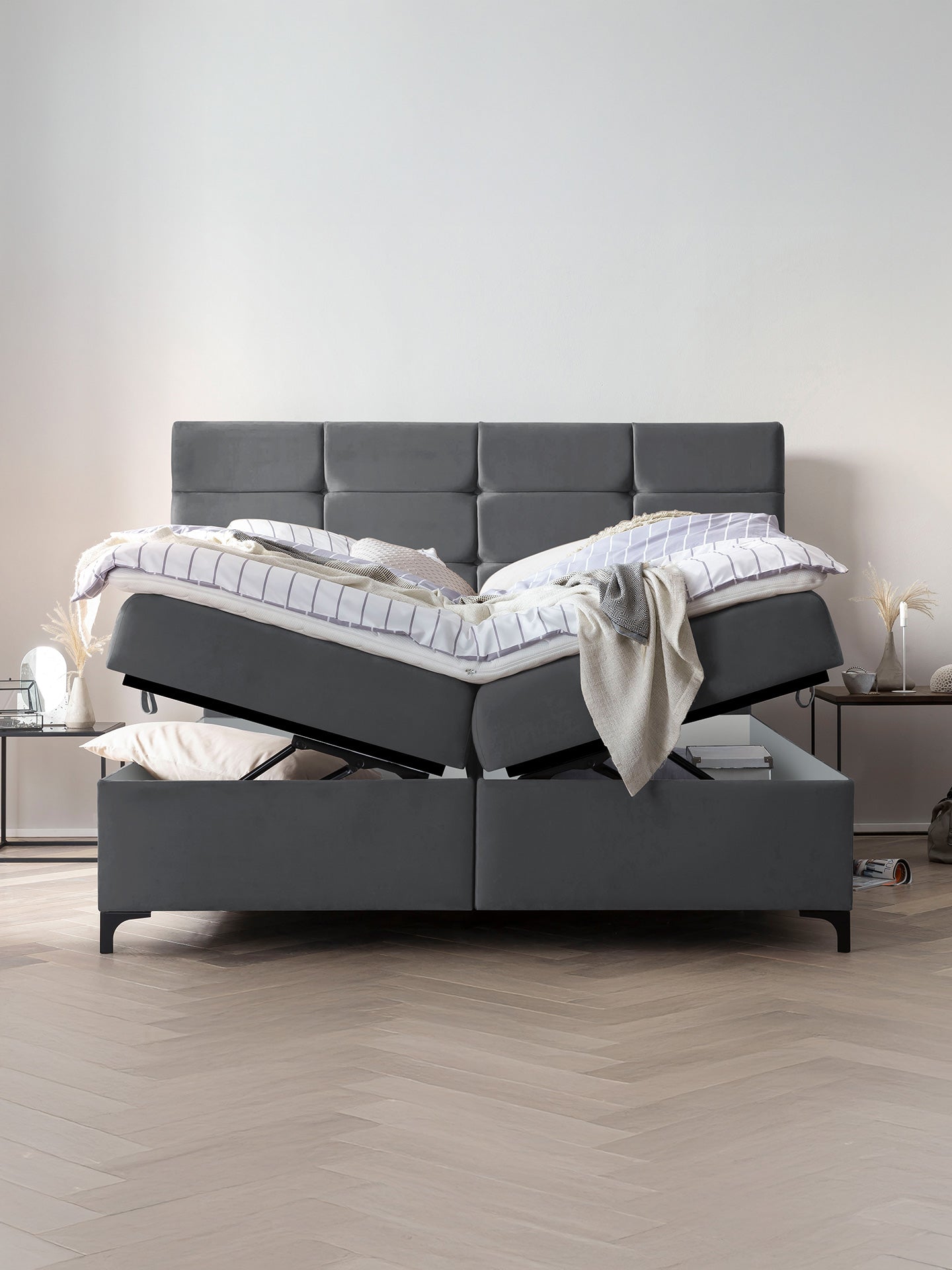 Velours Boxspringbett mit Stauraum Dunkelgrau KANSAS