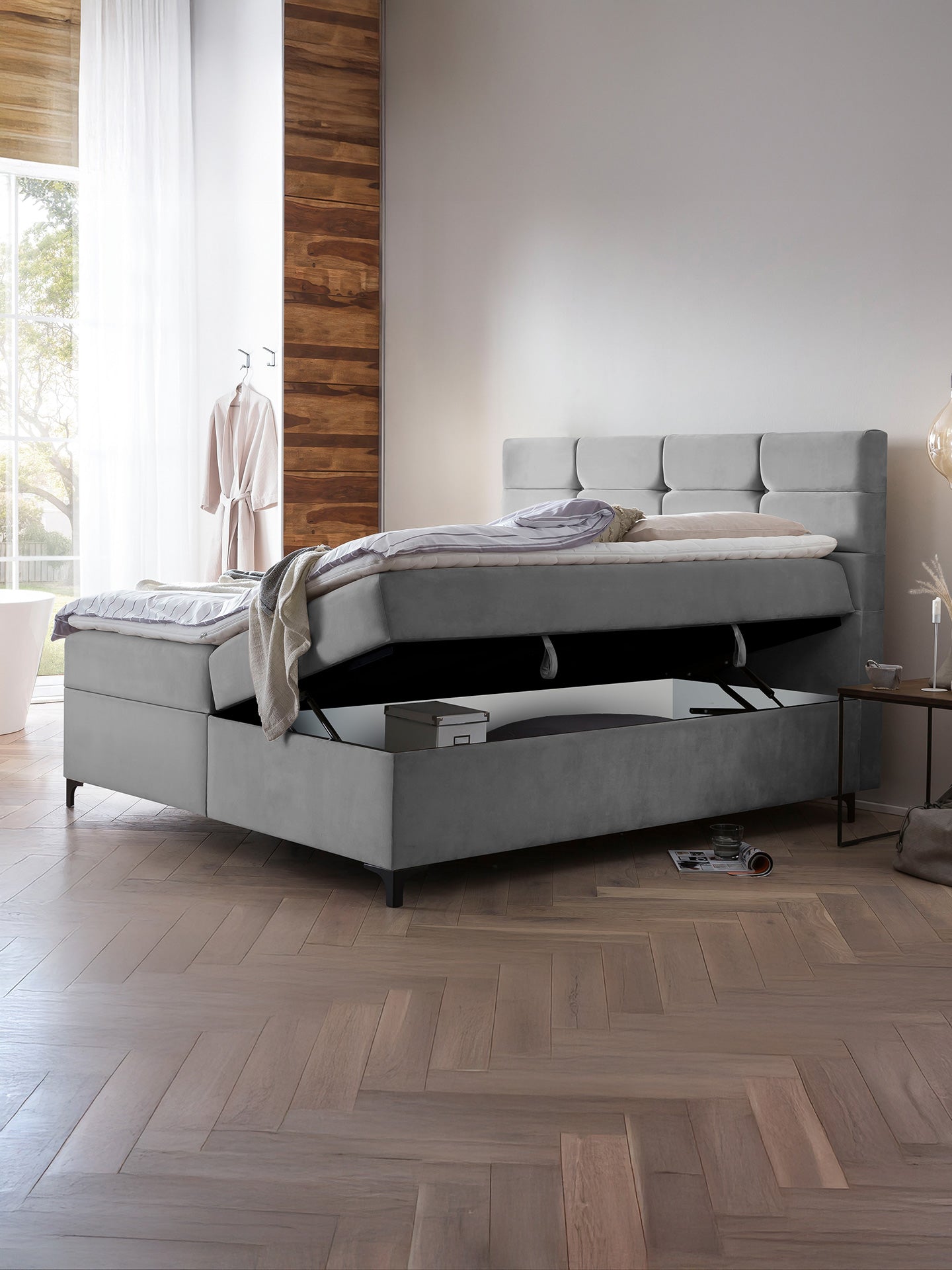Velours Boxspringbett mit Stauraum Grau KANSAS